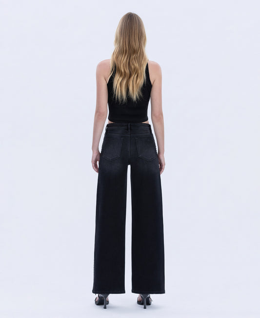 Back product images of Black - High Rise Silver Dome Nail Head Detail Wide Leg Jeans