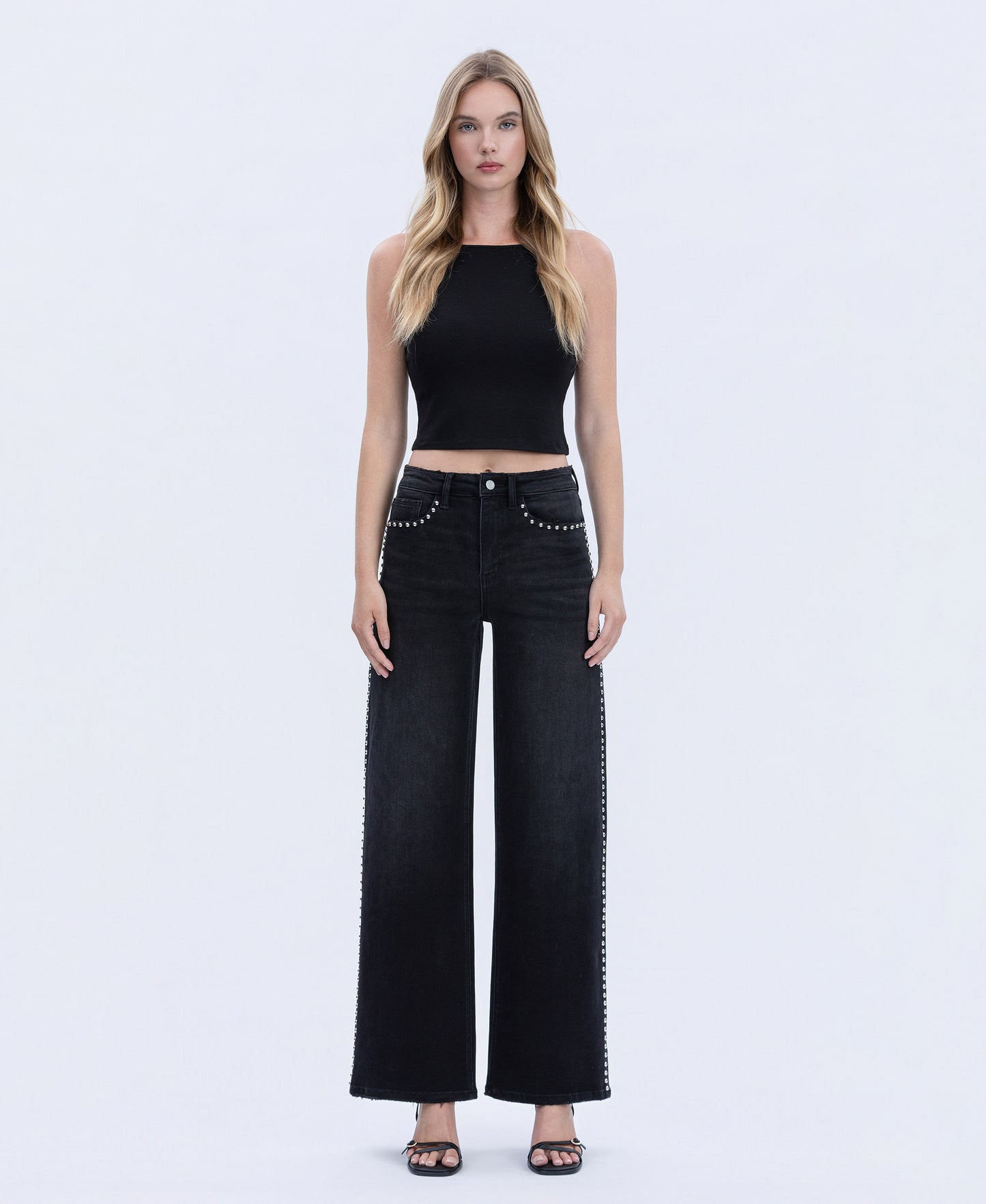 Front product images of Black - High Rise Silver Dome Nail Head Detail Wide Leg Jeans