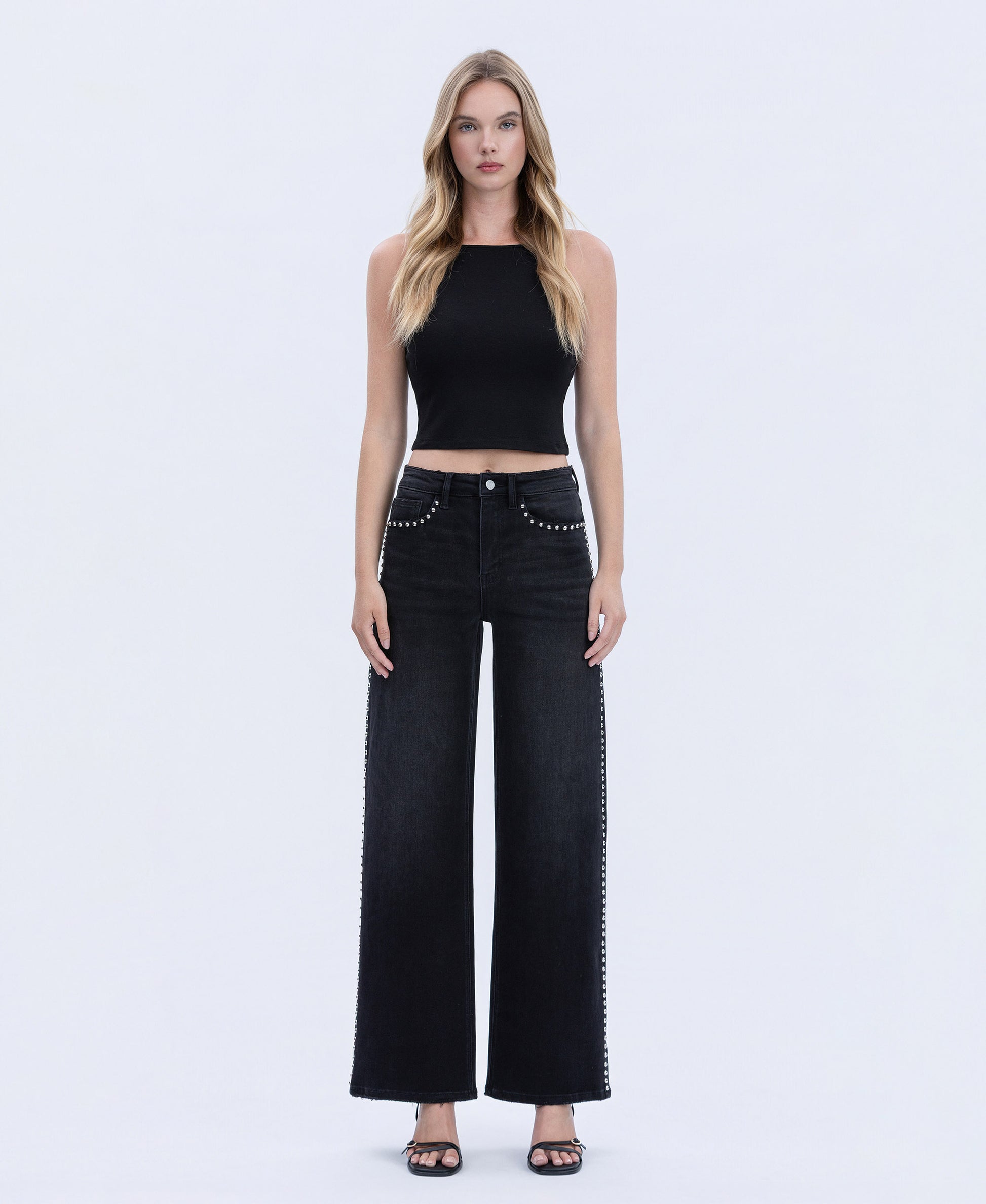 Front product images of Black - High Rise Silver Dome Nail Head Detail Wide Leg Jeans