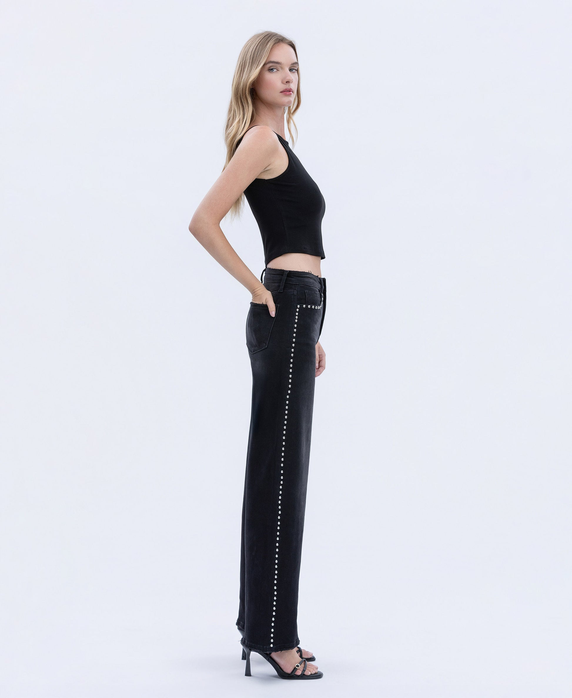 Right side product images of Black - High Rise Silver Dome Nail Head Detail Wide Leg Jeans