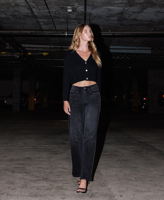 editorial image of Black - High Rise Silver Dome Nail Head Detail Wide Leg Jeans