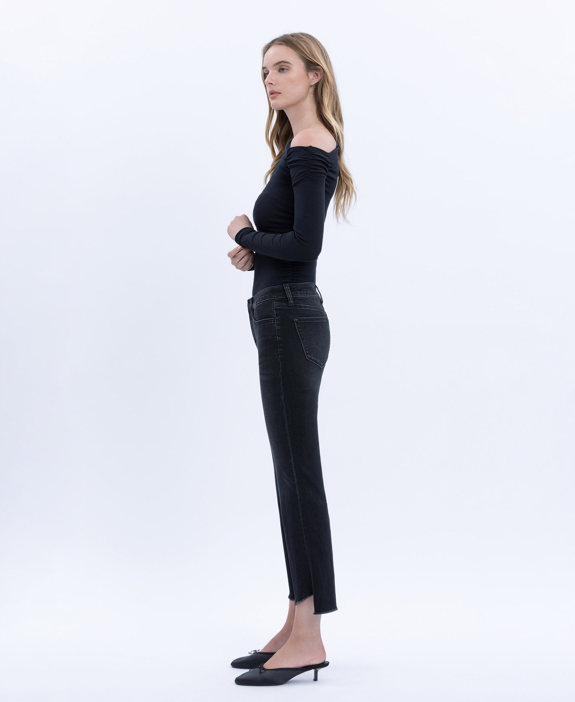 Left 45 degrees product image of Black - Mid Rise Raw Step Hem Crop Flare Jeans
