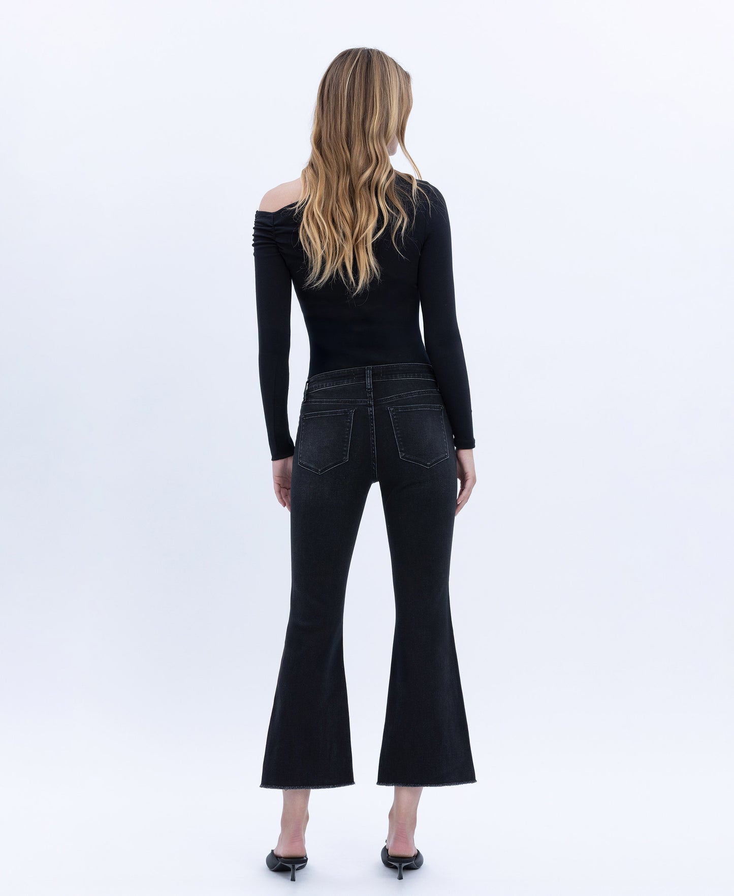 Back product images of Black - Mid Rise Raw Step Hem Crop Flare Jeans