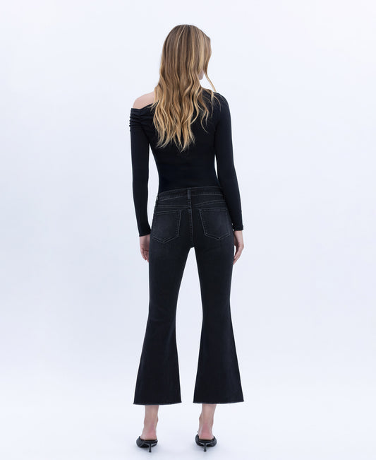 Back product images of Black - Mid Rise Raw Step Hem Crop Flare Jeans