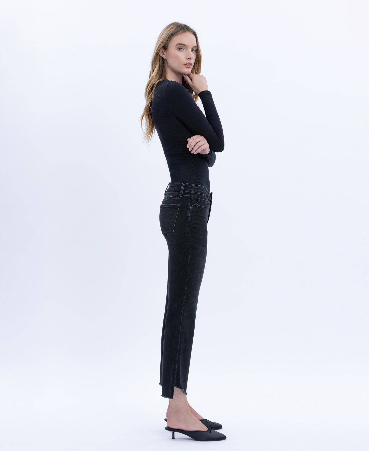 Right 45 degrees product image of Black - Mid Rise Raw Step Hem Crop Flare Jeans