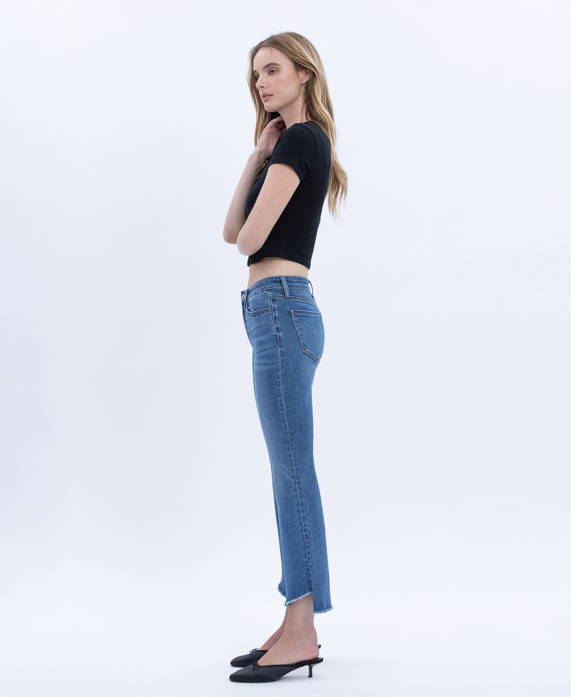 Left side product images of Marine - Mid Rise Raw Step Hem Kick Flare Jeans