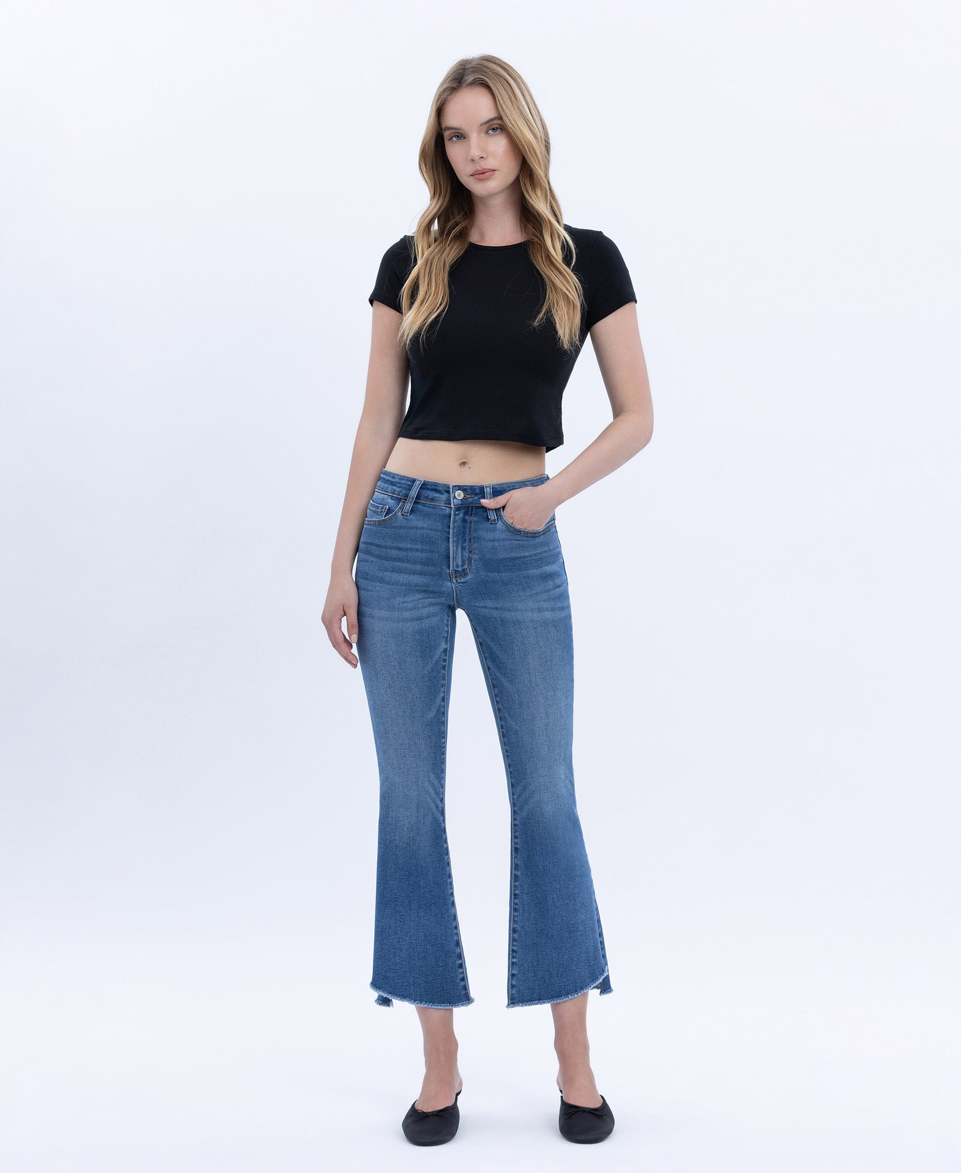 Front product images of Marine - Mid Rise Raw Step Hem Kick Flare Jeans