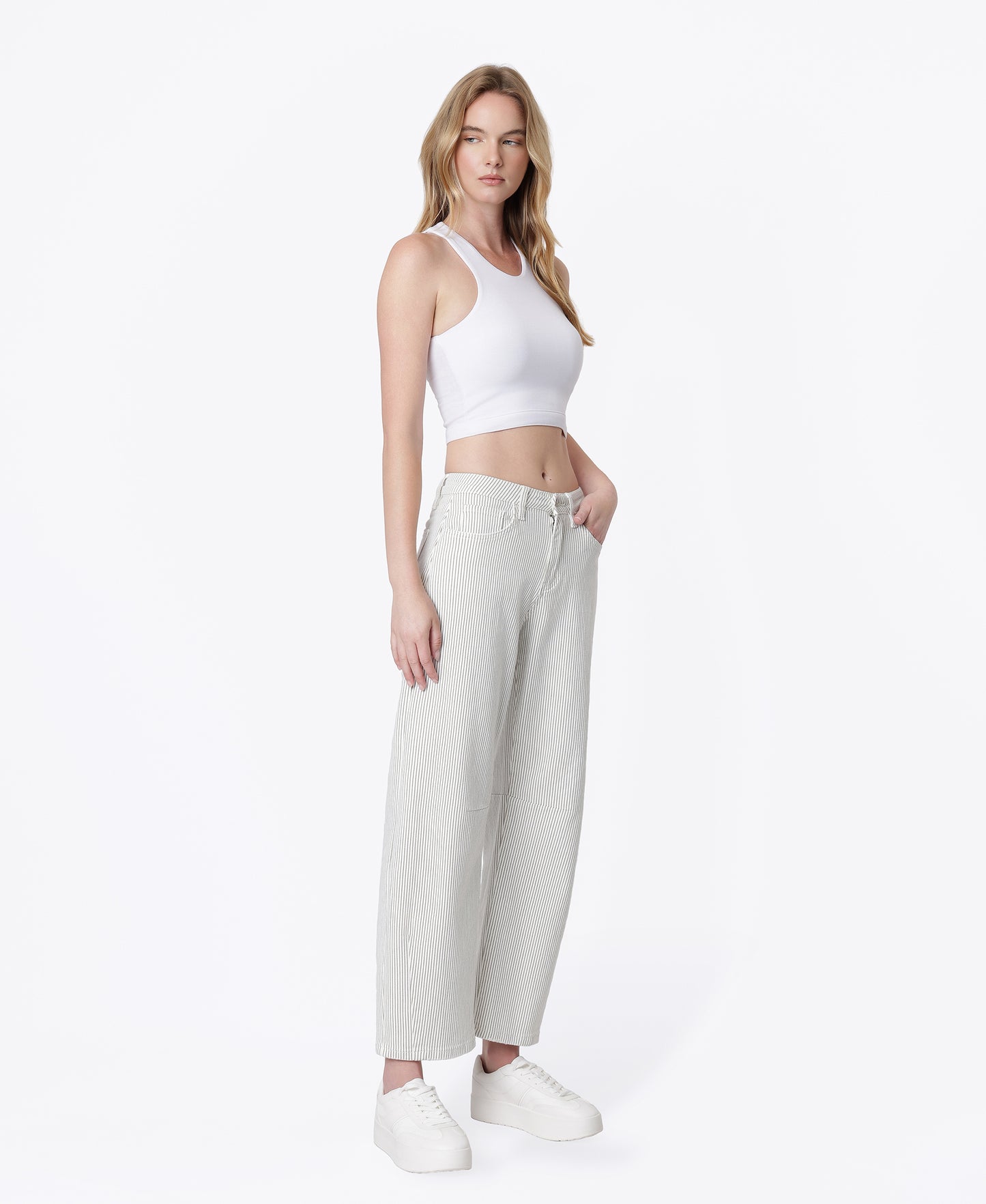 Right 45 degrees product image of Stripe - High Rise Dart Detail Striped Crop Barrel Jeans
