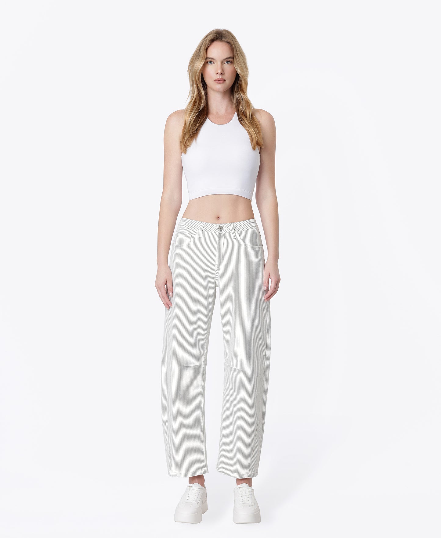 Front product images of Stripe - High Rise Dart Detail Striped Crop Barrel Jeans