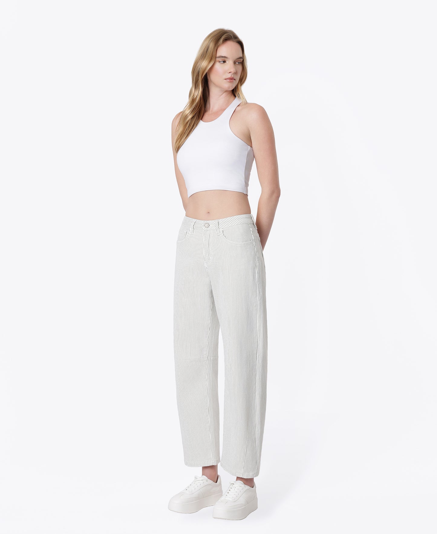 Left 45 degrees product image of Stripe - High Rise Dart Detail Striped Crop Barrel Jeans