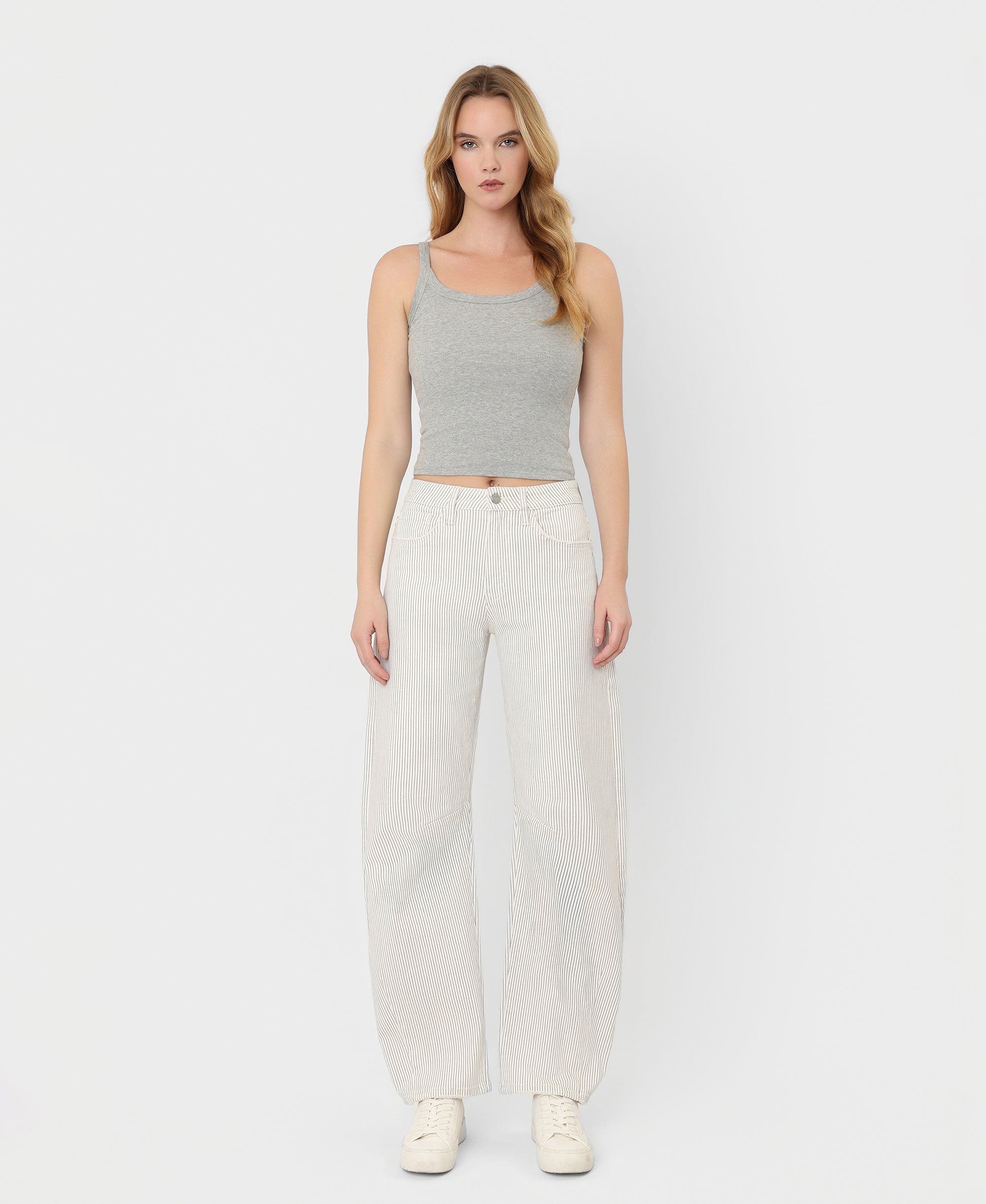 VERVET Stripe High Rise Dart Detail Striped Crop Barrel Jeans