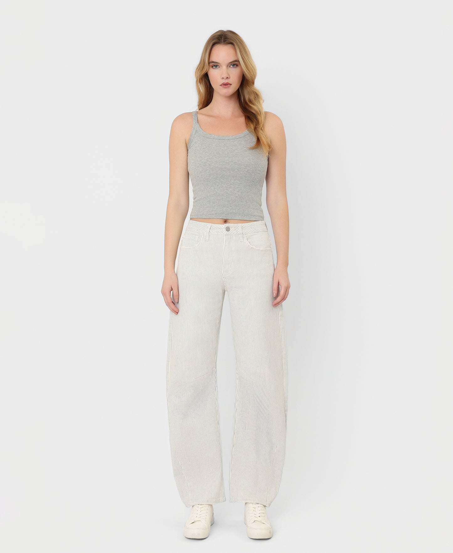 Front product images of Stripe - High Rise Dart Detail Striped Crop Barrel Jeans