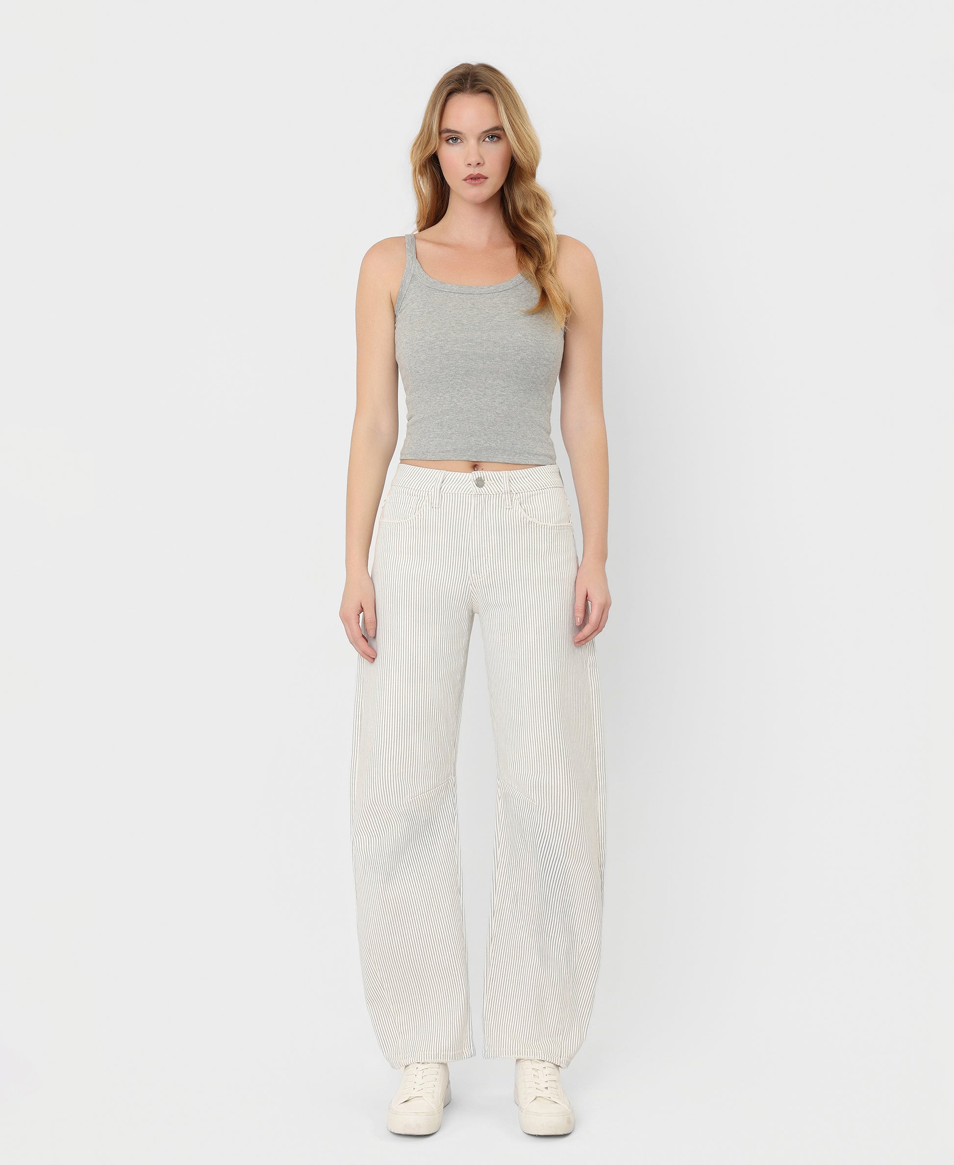 Front product images of Stripe - High Rise Dart Detail Striped Crop Barrel Jeans