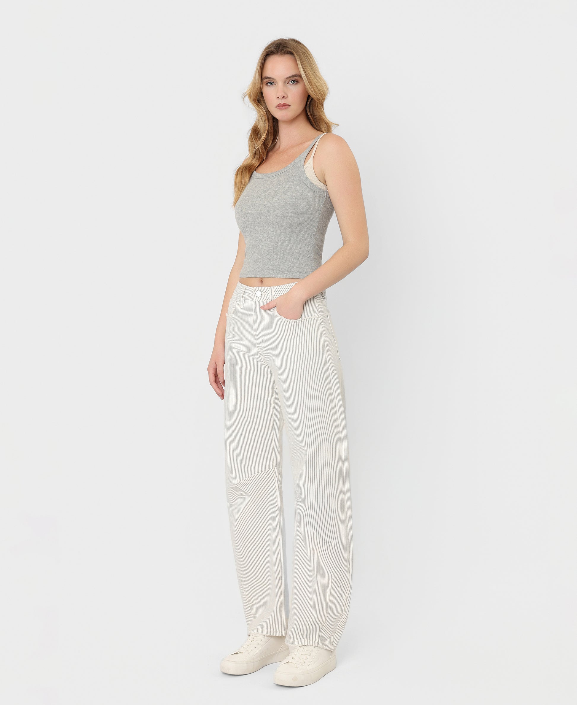 Left 45 degrees product image of Stripe - High Rise Dart Detail Striped Crop Barrel Jeans