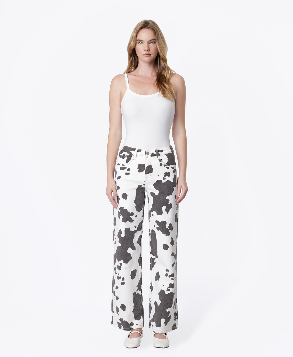 Front product images of Cow Print - High Rise Full Length Wide Leg Jeans