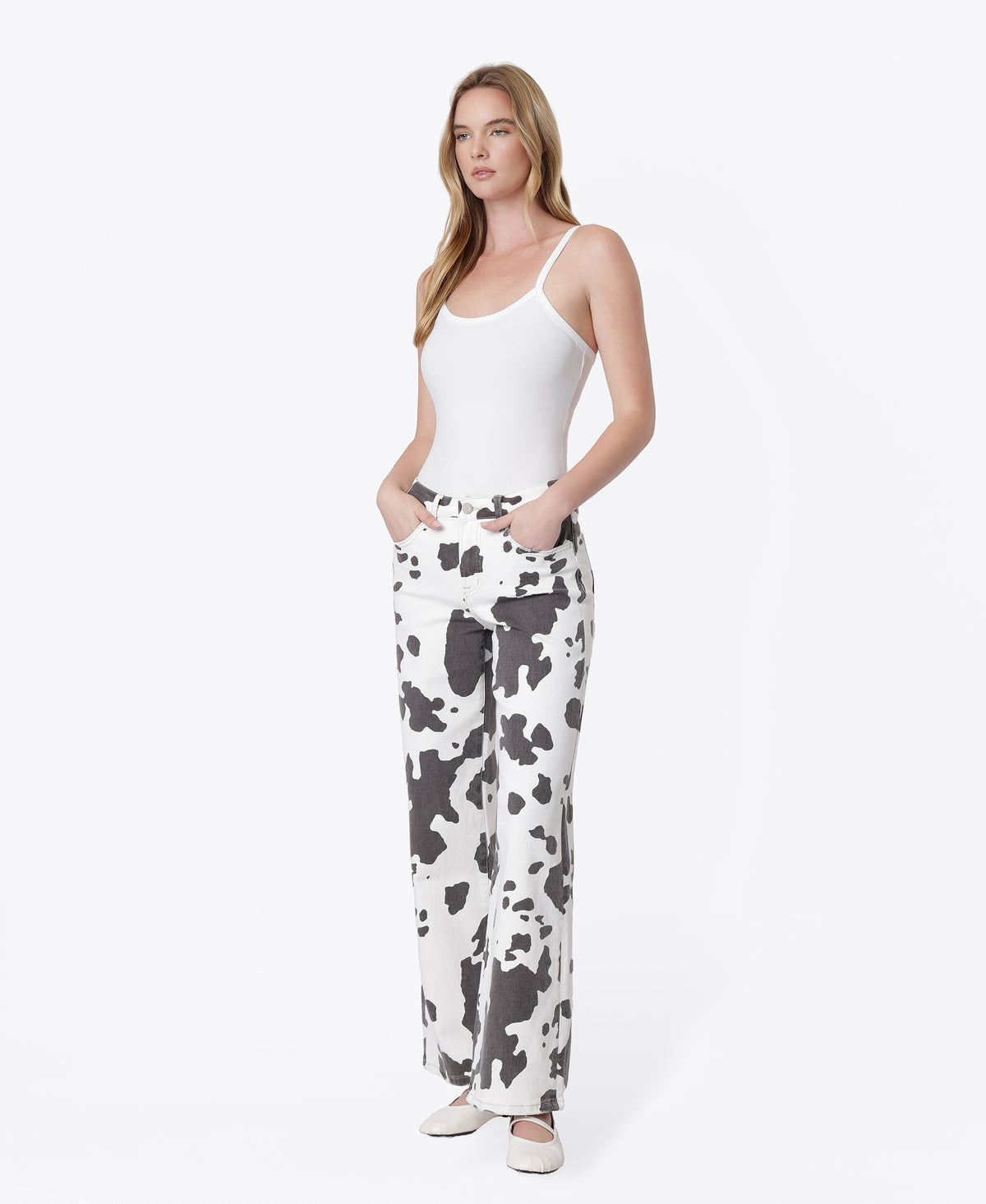 Left 45 degrees product image of Cow Print - High Rise Full Length Wide Leg Jeans