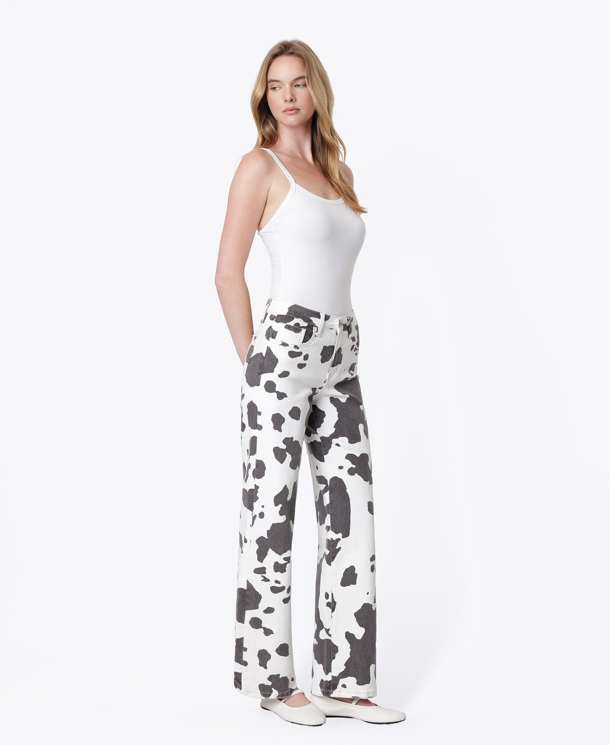 Right 45 degrees product image of Cow Print - High Rise Full Length Wide Leg Jeans