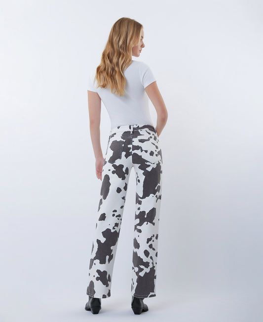 Back product images of Cow Print - High Rise Full Length Wide Leg Jeans