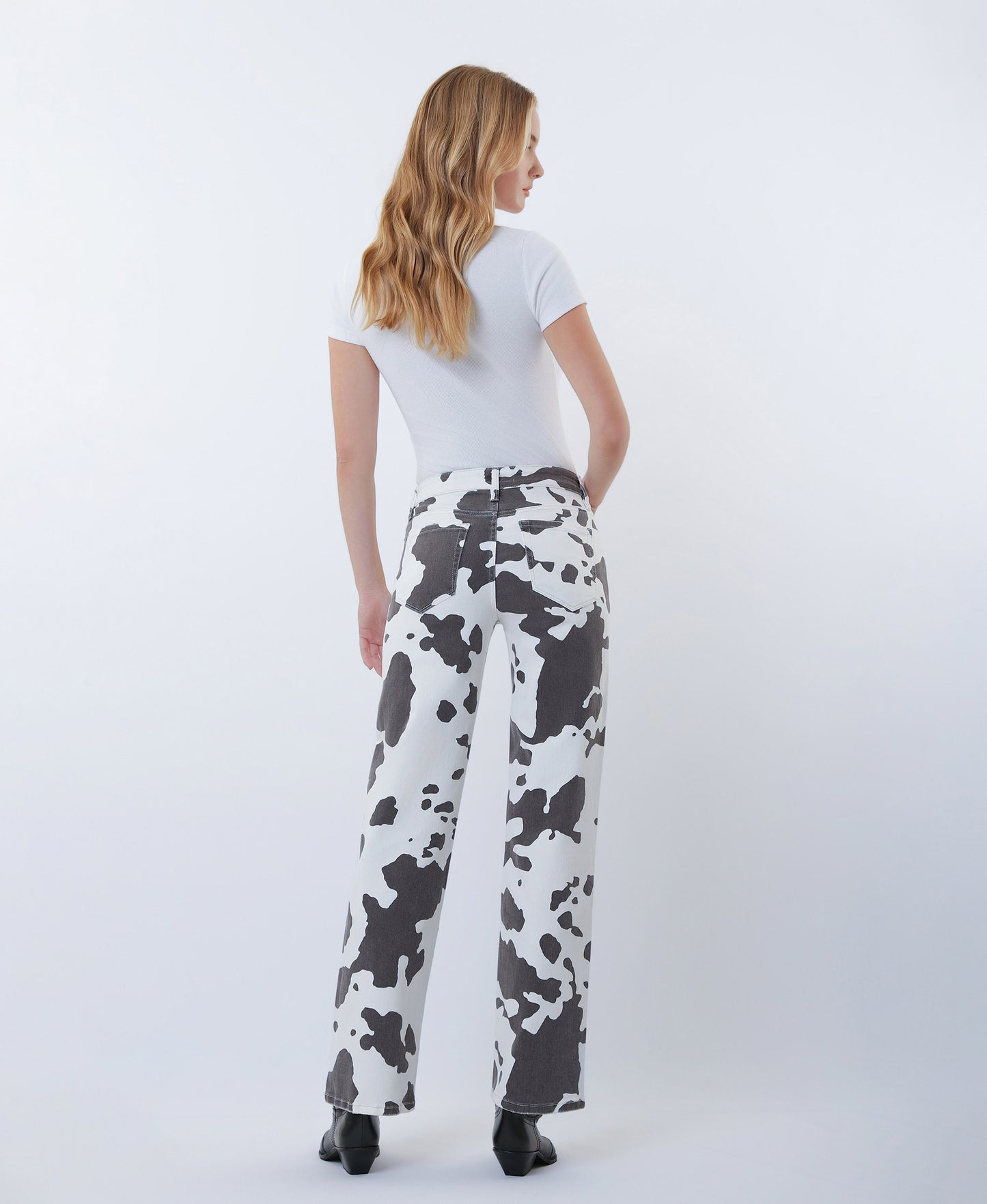 Back product images of Cow Print - High Rise Full Length Wide Leg Jeans