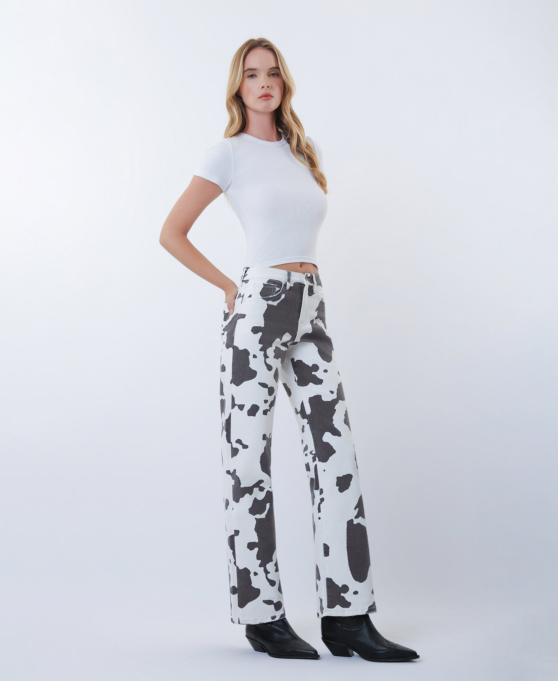 Right 45 degrees product image of Cow Print - High Rise Full Length Wide Leg Jeans