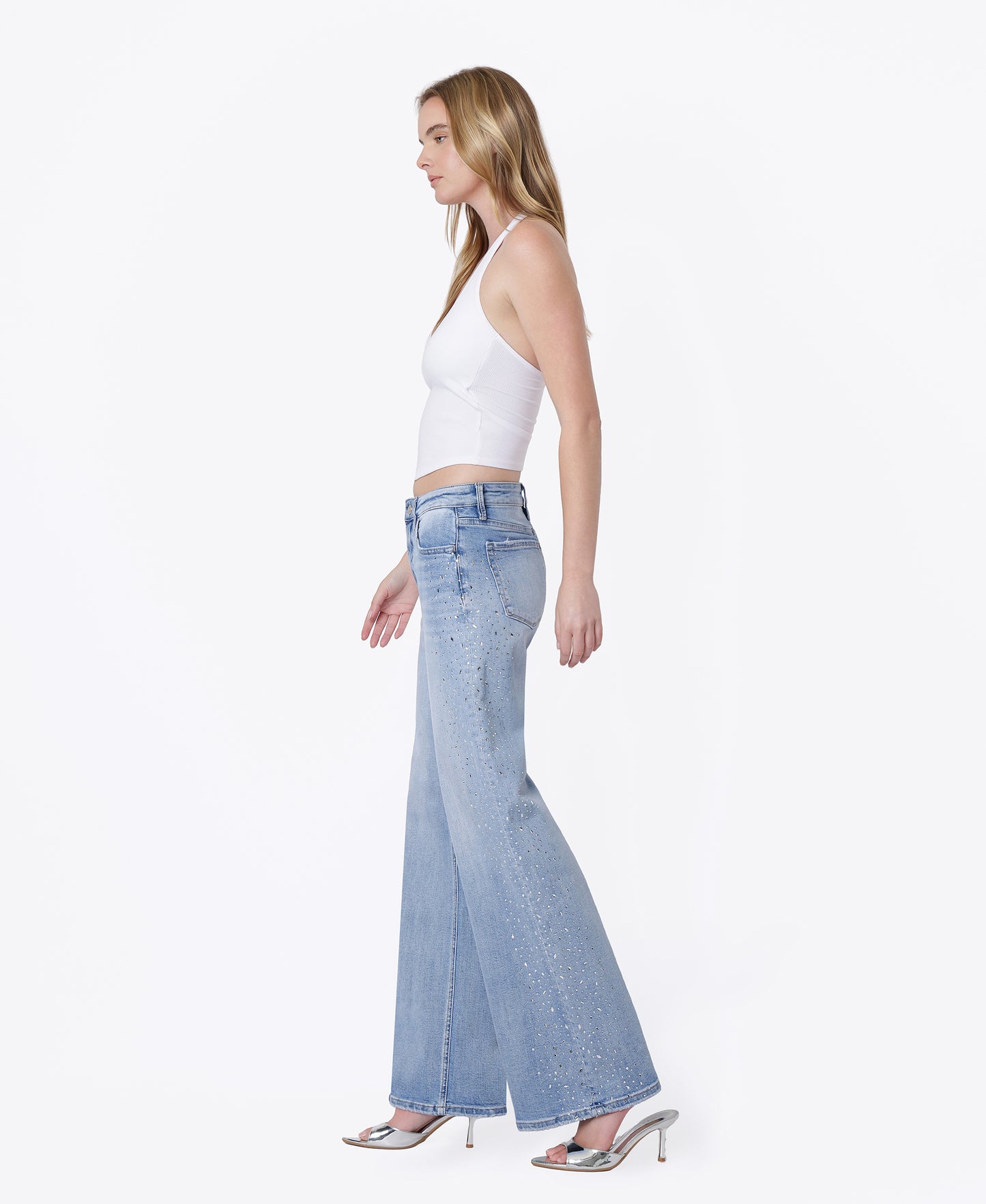 Left side product images of Intrigue - High Rise Hotfix Embellished Wide Leg Jeans