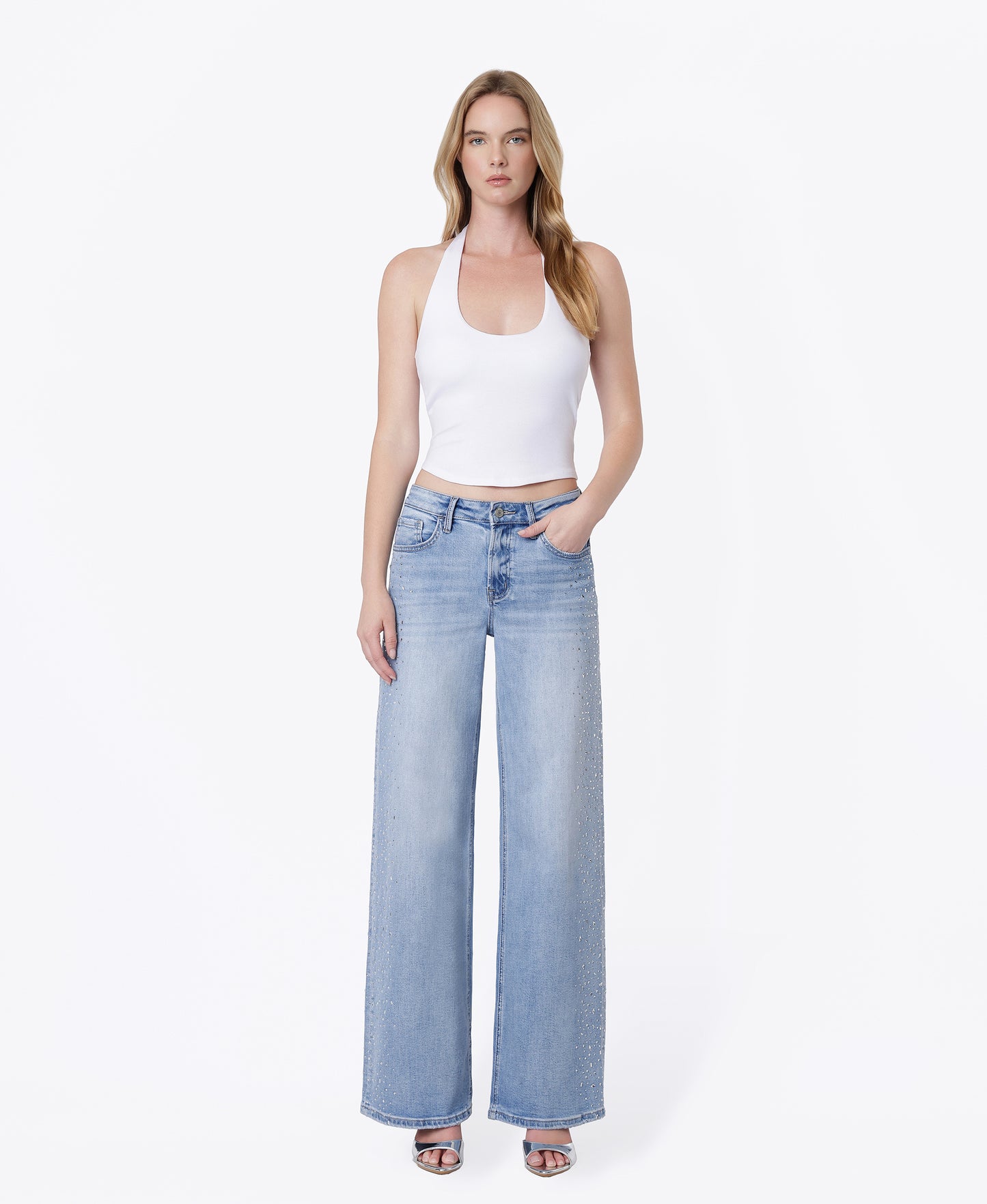 Front product images of Intrigue - High Rise Hotfix Embellished Wide Leg Jeans