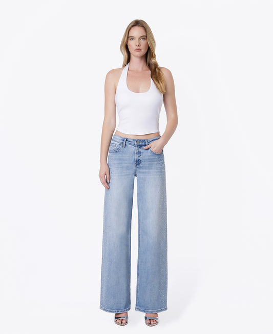 Front product images of Intrigue - High Rise Hotfix Embellished Wide Leg Jeans
