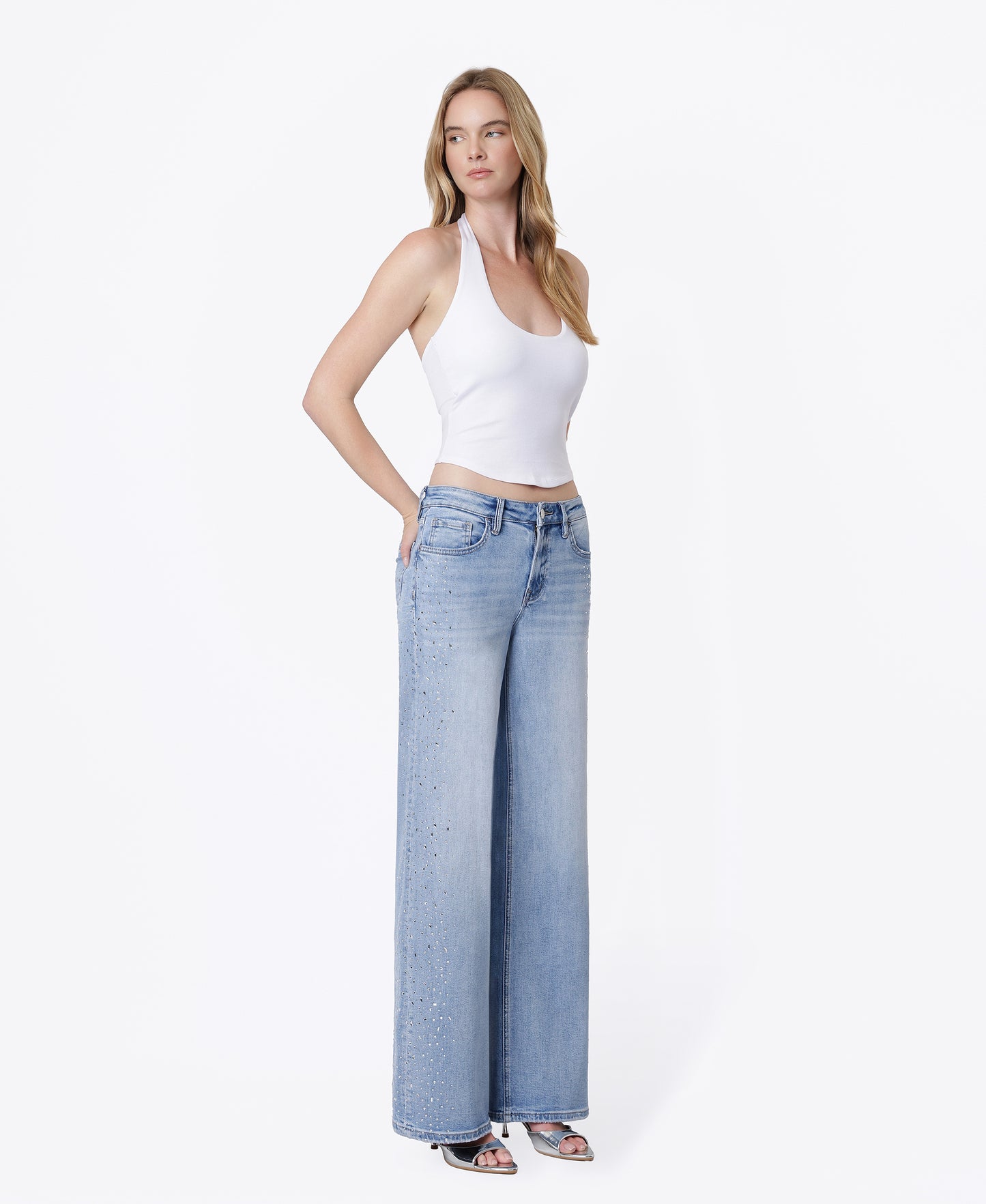 Right 45 degrees product image of Intrigue - High Rise Hotfix Embellished Wide Leg Jeans