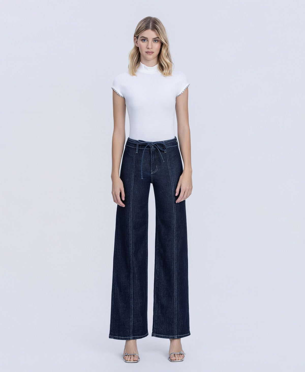 Front product images of Well Made - High Rise Self Tie W Seam Detail Wide Leg Jeans