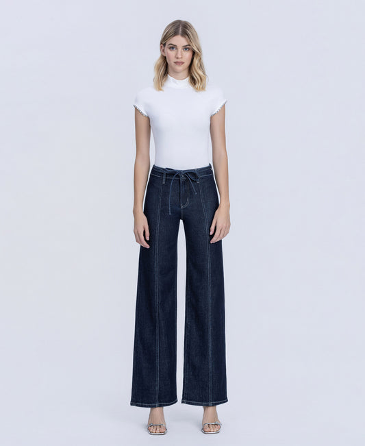 Front product images of Well Made - High Rise Self Tie W Seam Detail Wide Leg Jeans