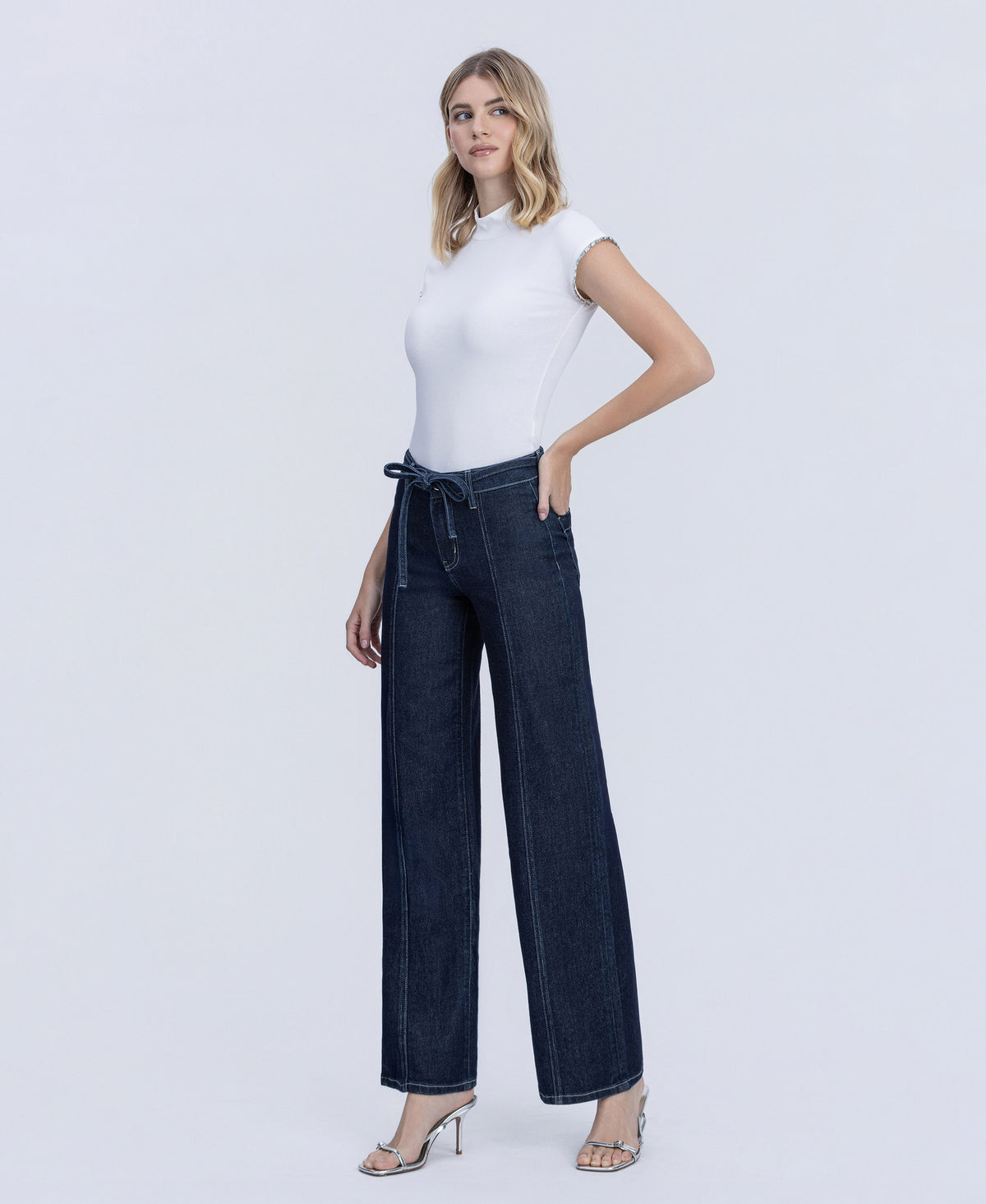 Left 45 degrees product image of Well Made - High Rise Self Tie W Seam Detail Wide Leg Jeans
