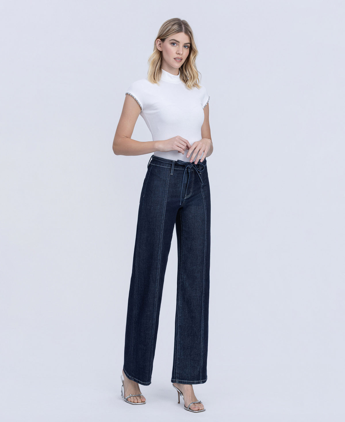 Right 45 degrees product image of Well Made - High Rise Self Tie W Seam Detail Wide Leg Jeans