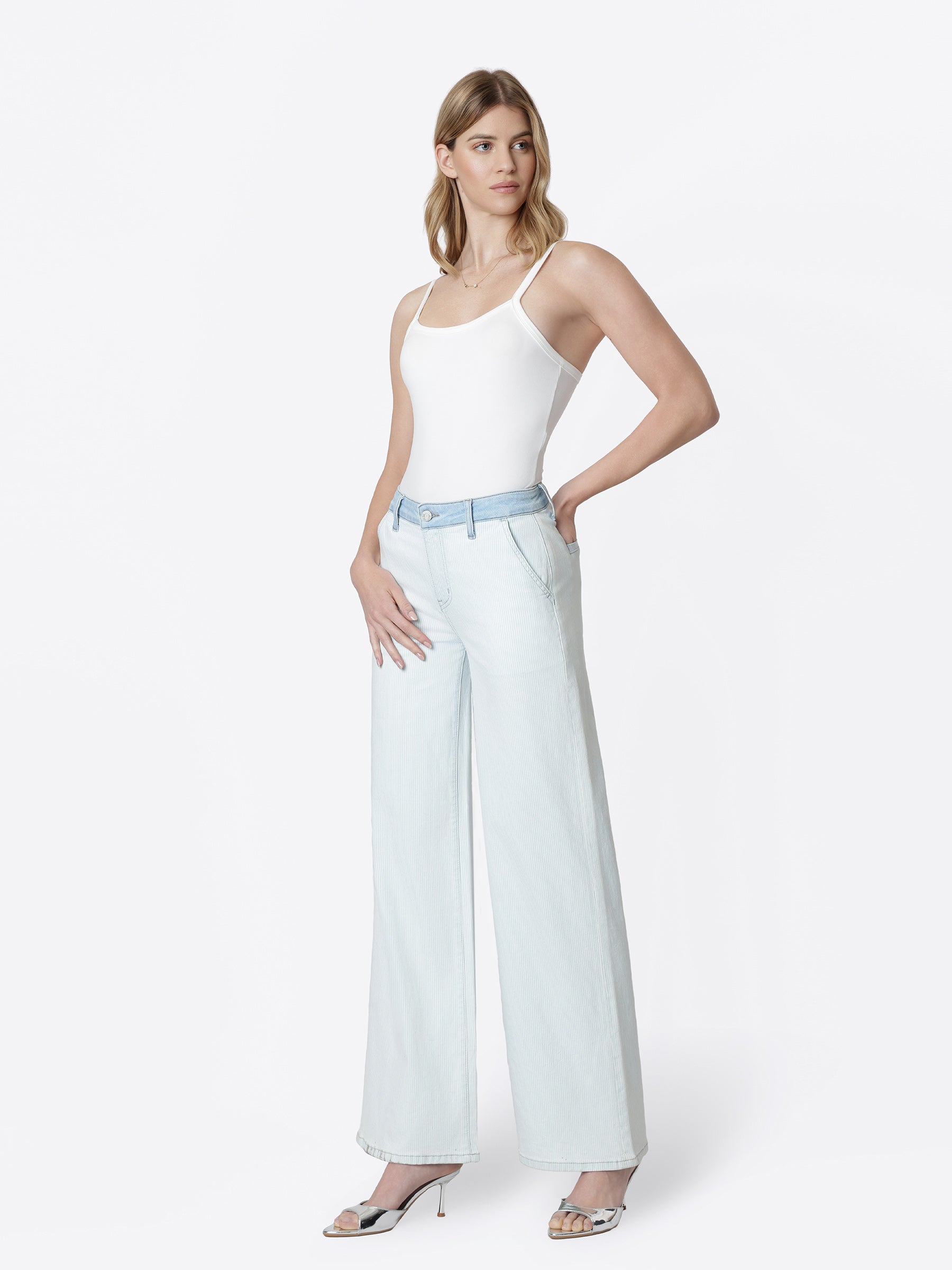 Left 45 degrees product image of Castle Rock - High Rise Contrast WB Striped Wide Leg Jeans