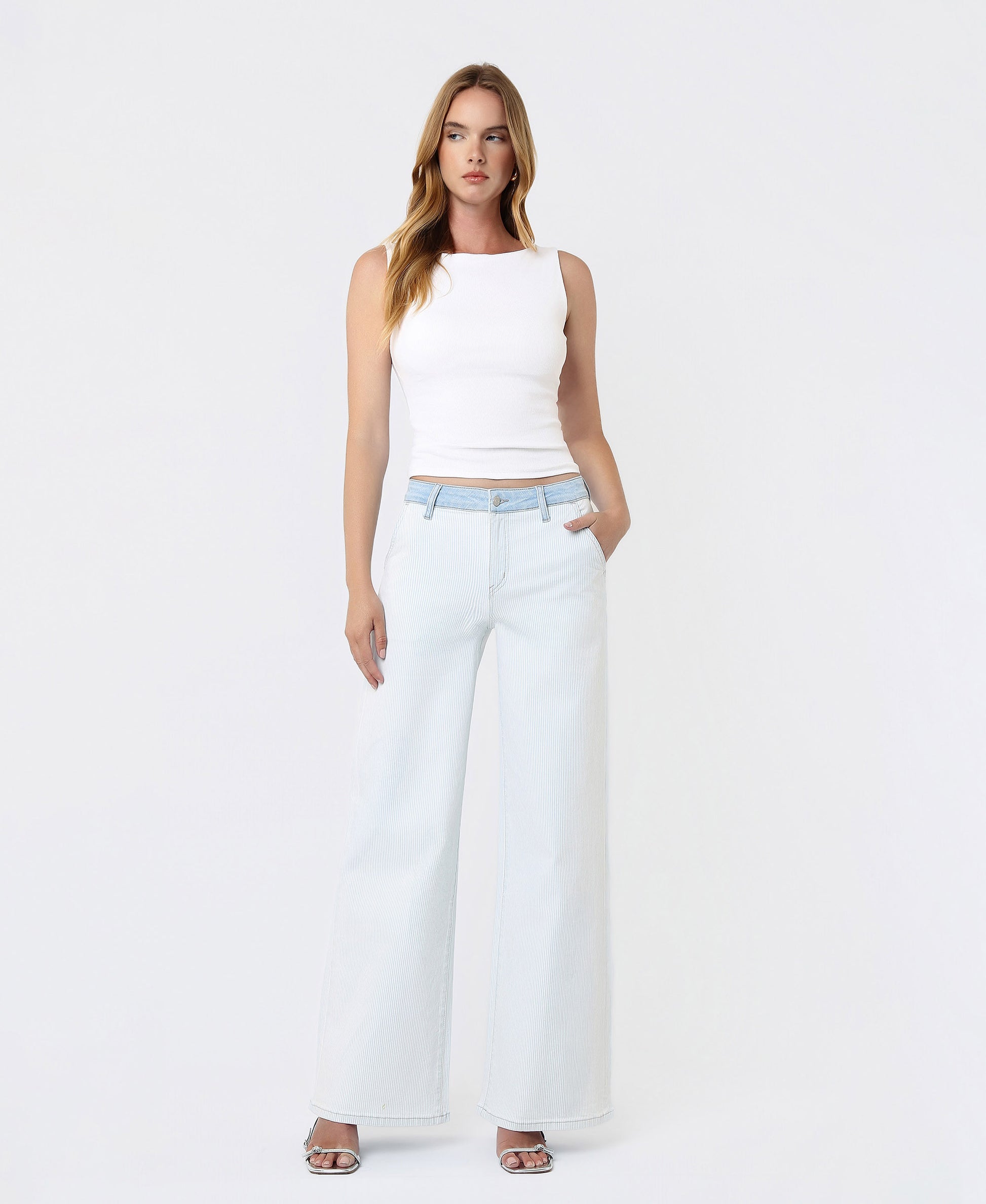Front product images of Castle Rock - High Rise Contrast WB Striped Wide Leg Jeans
