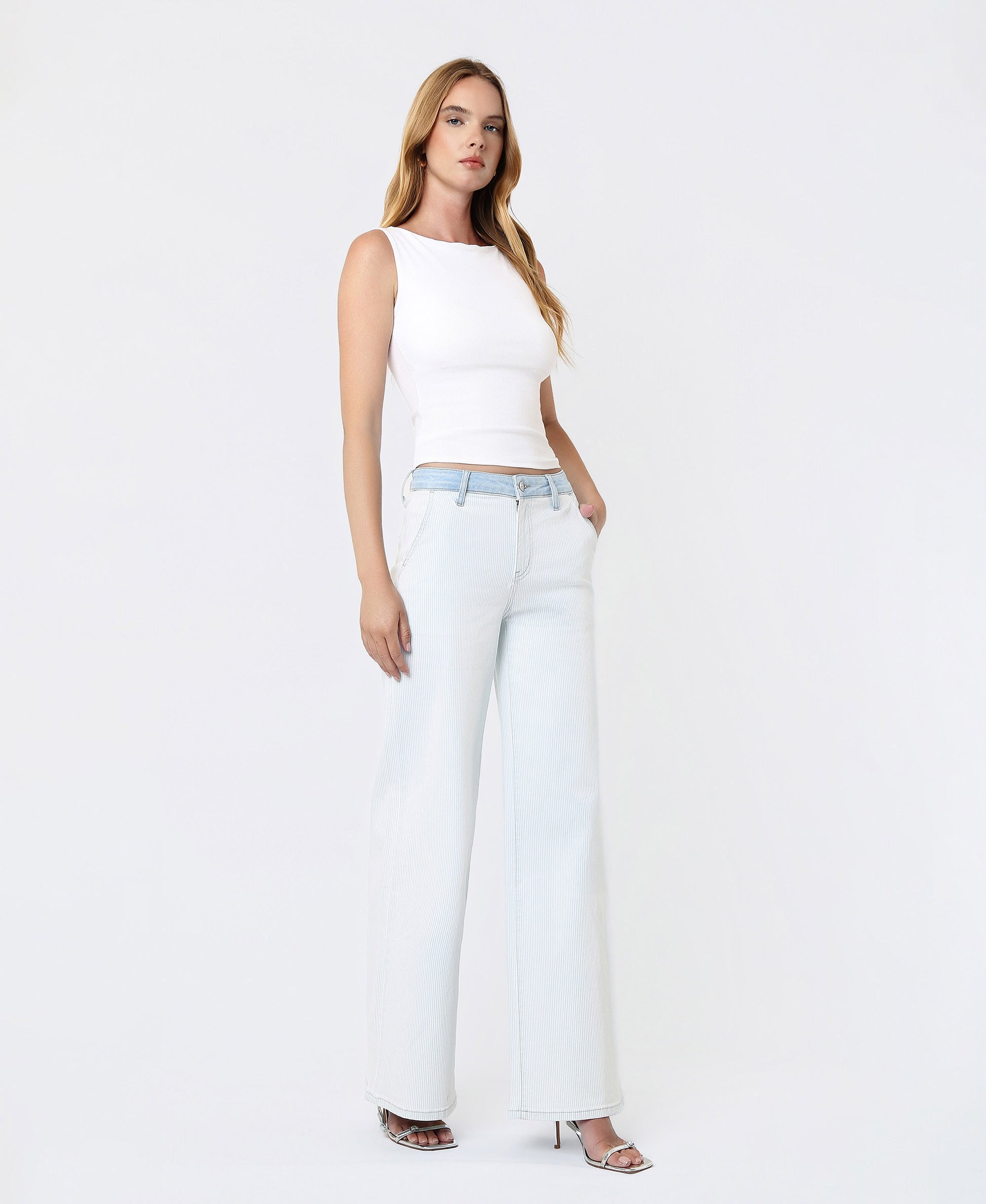 Castle Rock - High Rise Contrast WB Striped Wide Leg JeansRight 45 degrees product image of 