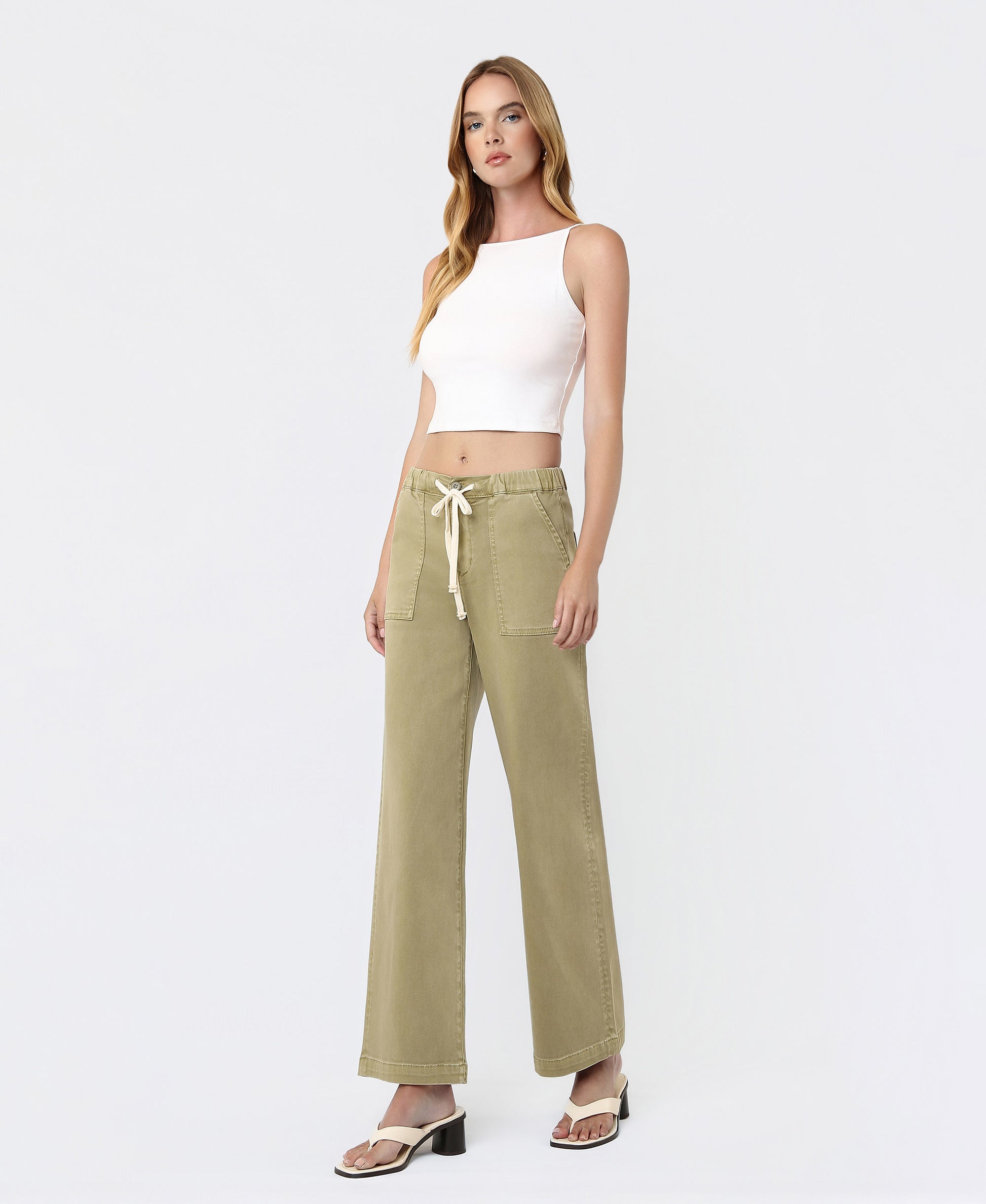Left 45 degrees product image of Herb - High Rise Elastic Drawstring WB Baggy Wide Leg Jeans