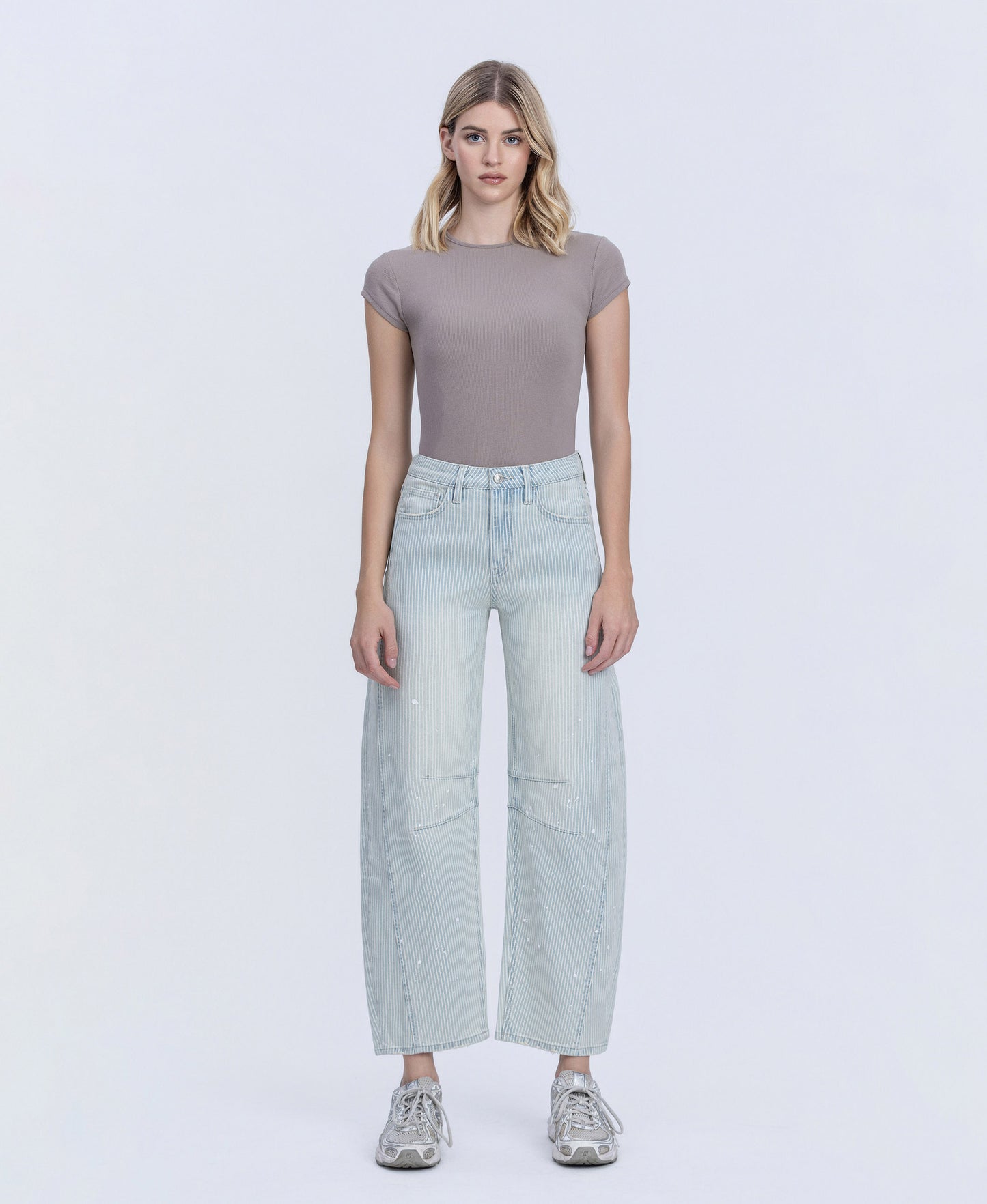 Front product images of Stripe - High Rise Paint Splash Tinted Barrel Jeans