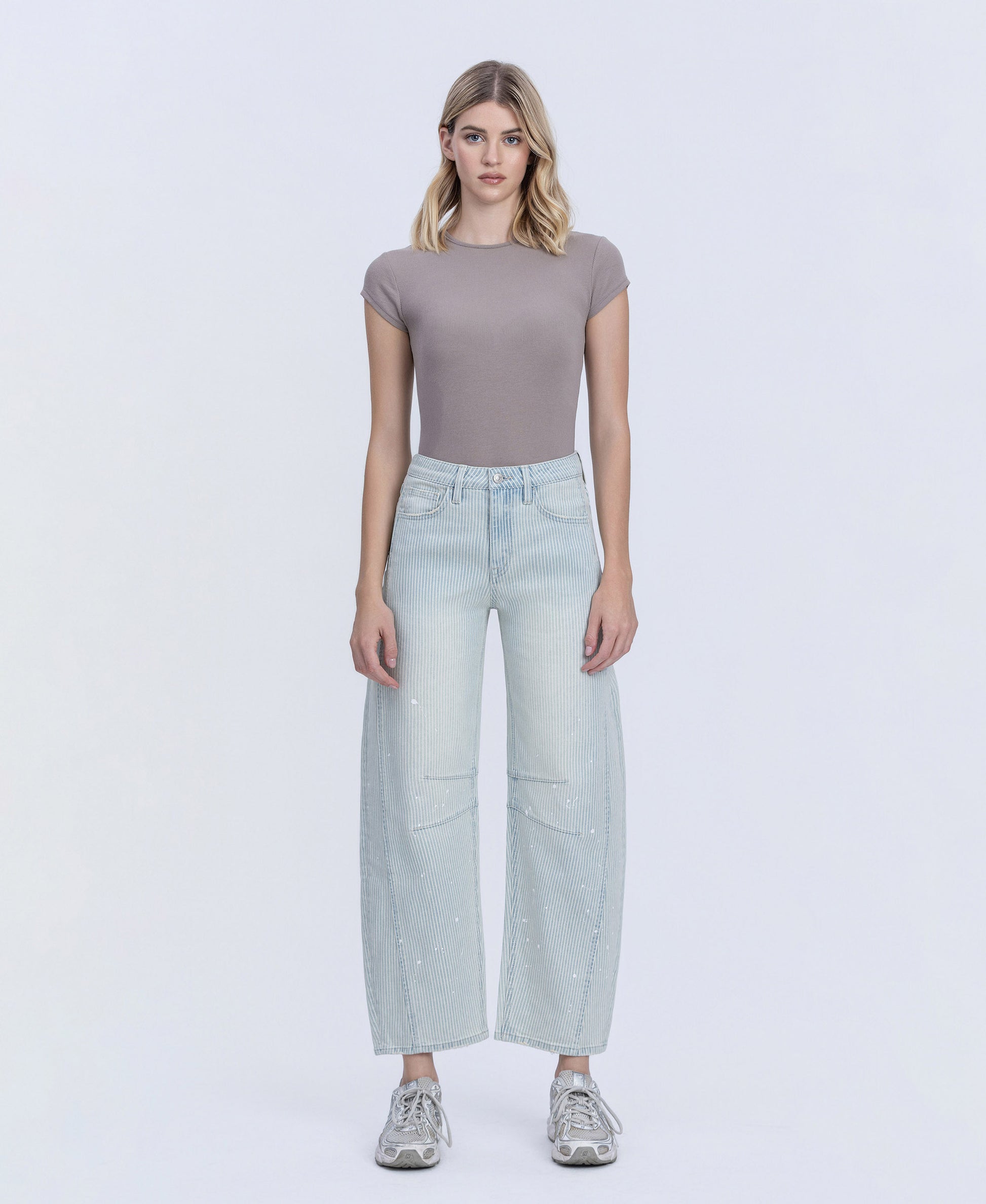 Front product images of Stripe - High Rise Paint Splash Tinted Barrel Jeans