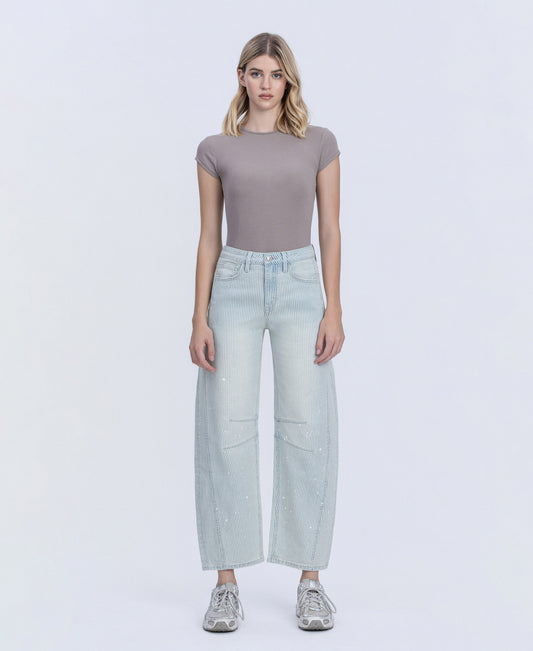Front product images of Stripe - High Rise Paint Splash Tinted Barrel Jeans