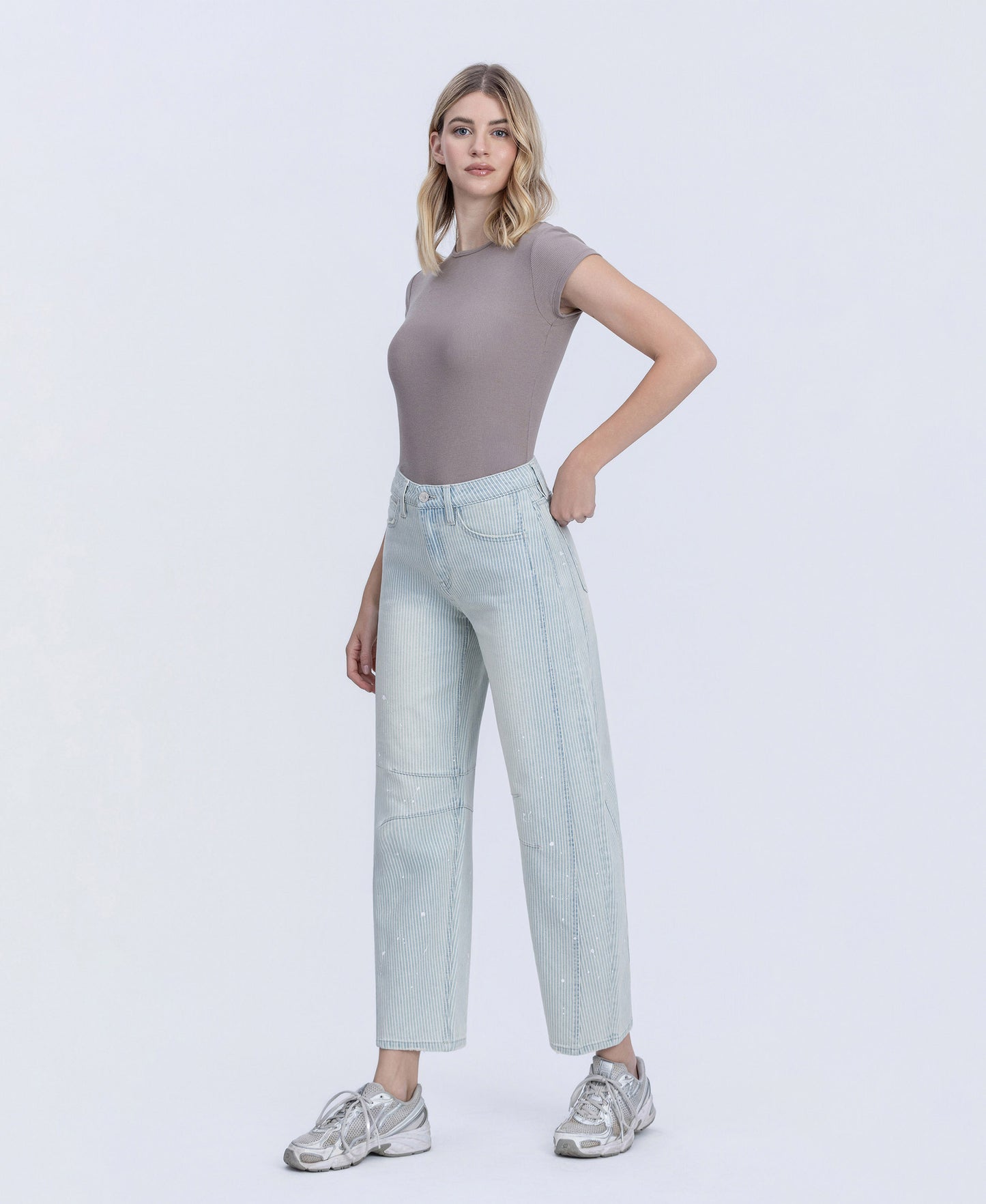 Left 45 degrees product image of Stripe - High Rise Paint Splash Tinted Barrel Jeans