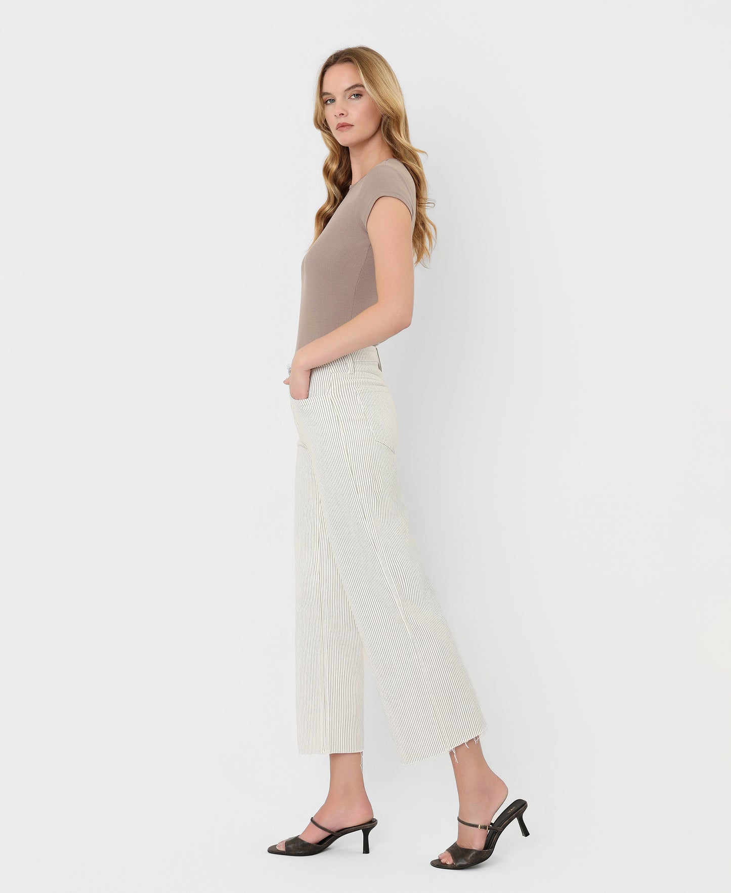 Left side product images of Stripes - High Rise Raw Hem Crop Wide Leg Jeans