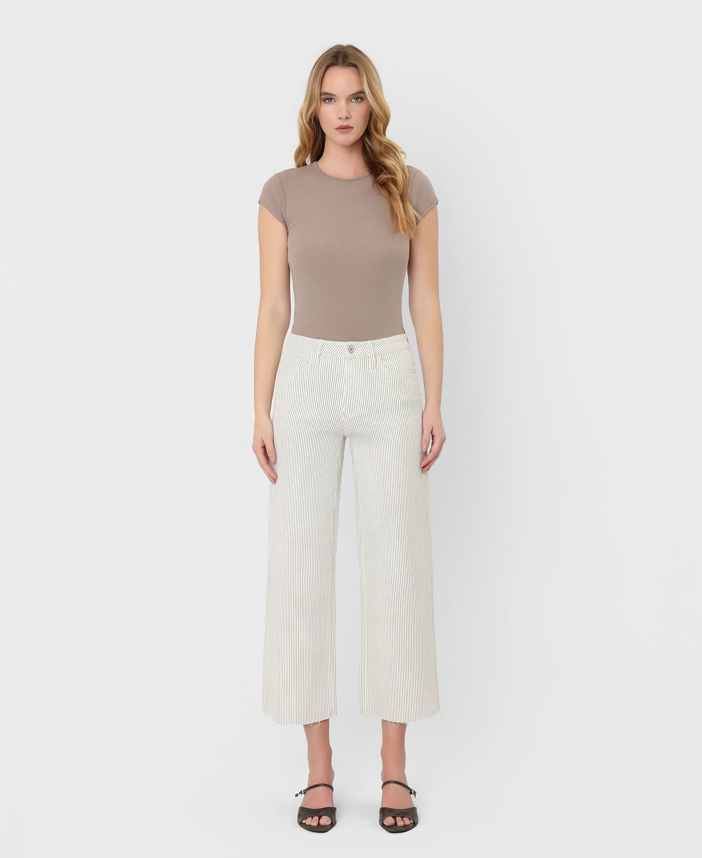 Front product images of Stripes - High Rise Raw Hem Crop Wide Leg Jeans