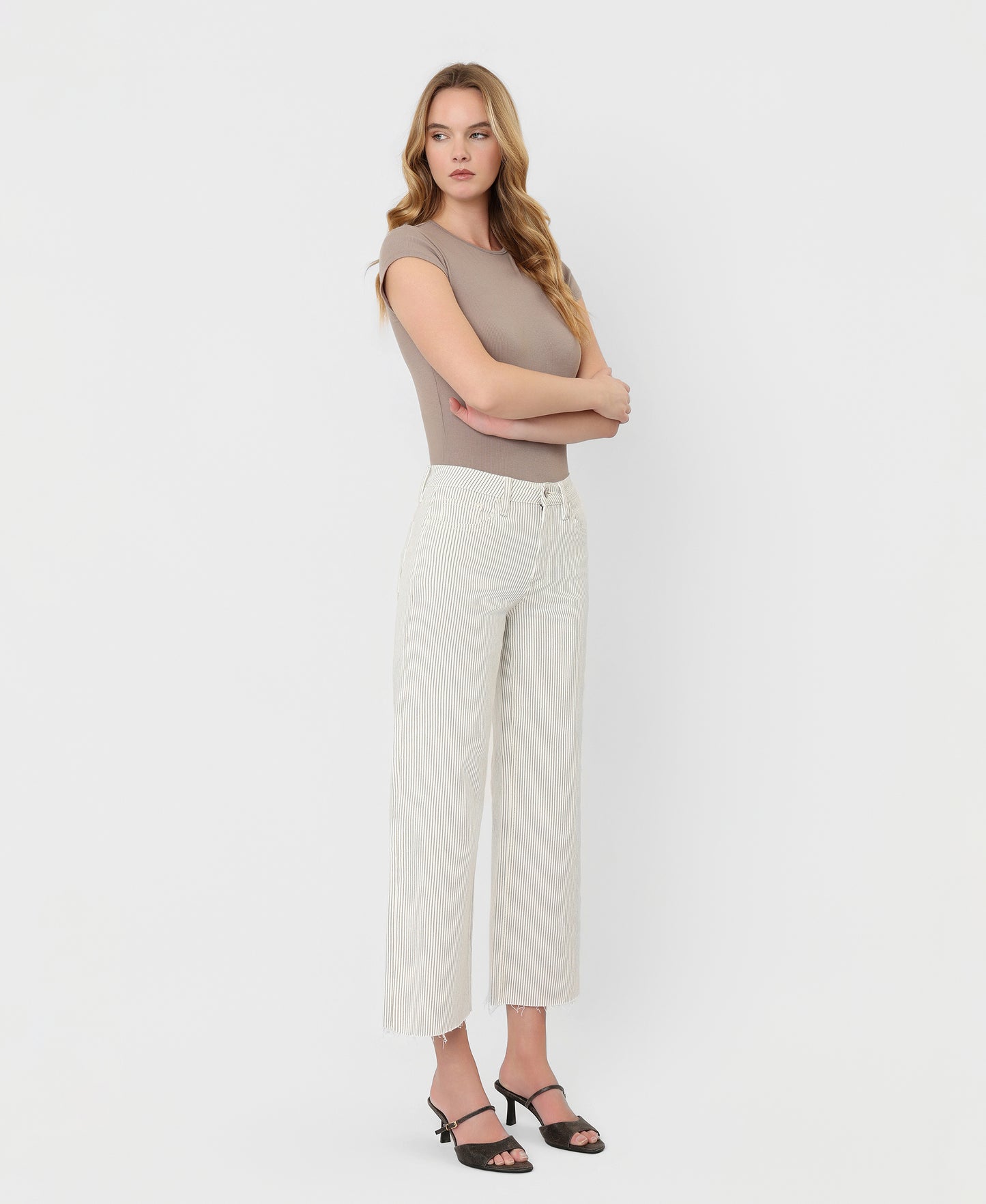 Right 45 degrees product image of Stripes - High Rise Raw Hem Crop Wide Leg Jeans