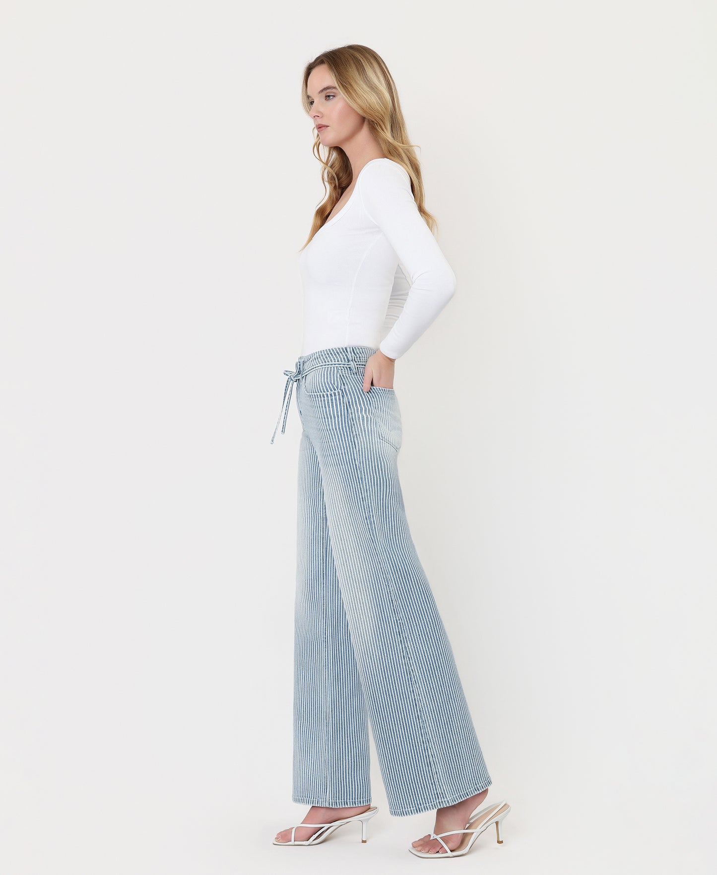 Left side product images of Stripe - High Rise Waist Tie Full Length Wide Leg Jeans