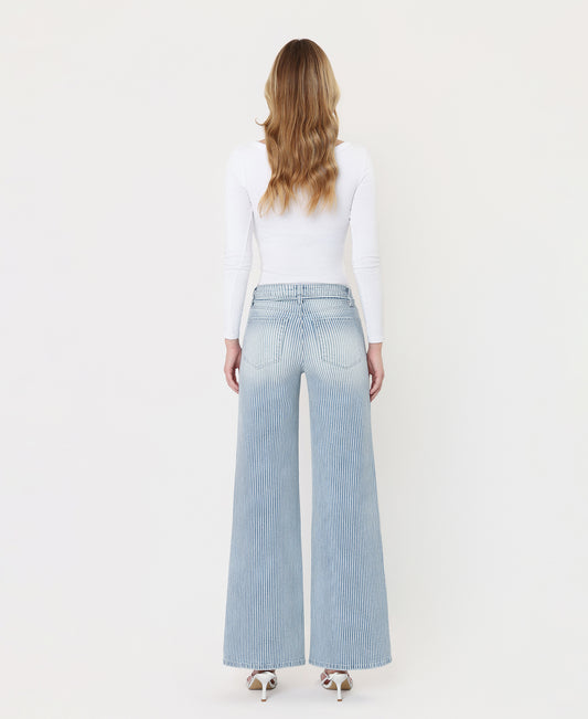 Back product images of Stripe - High Rise Waist Tie Full Length Wide Leg Jeans