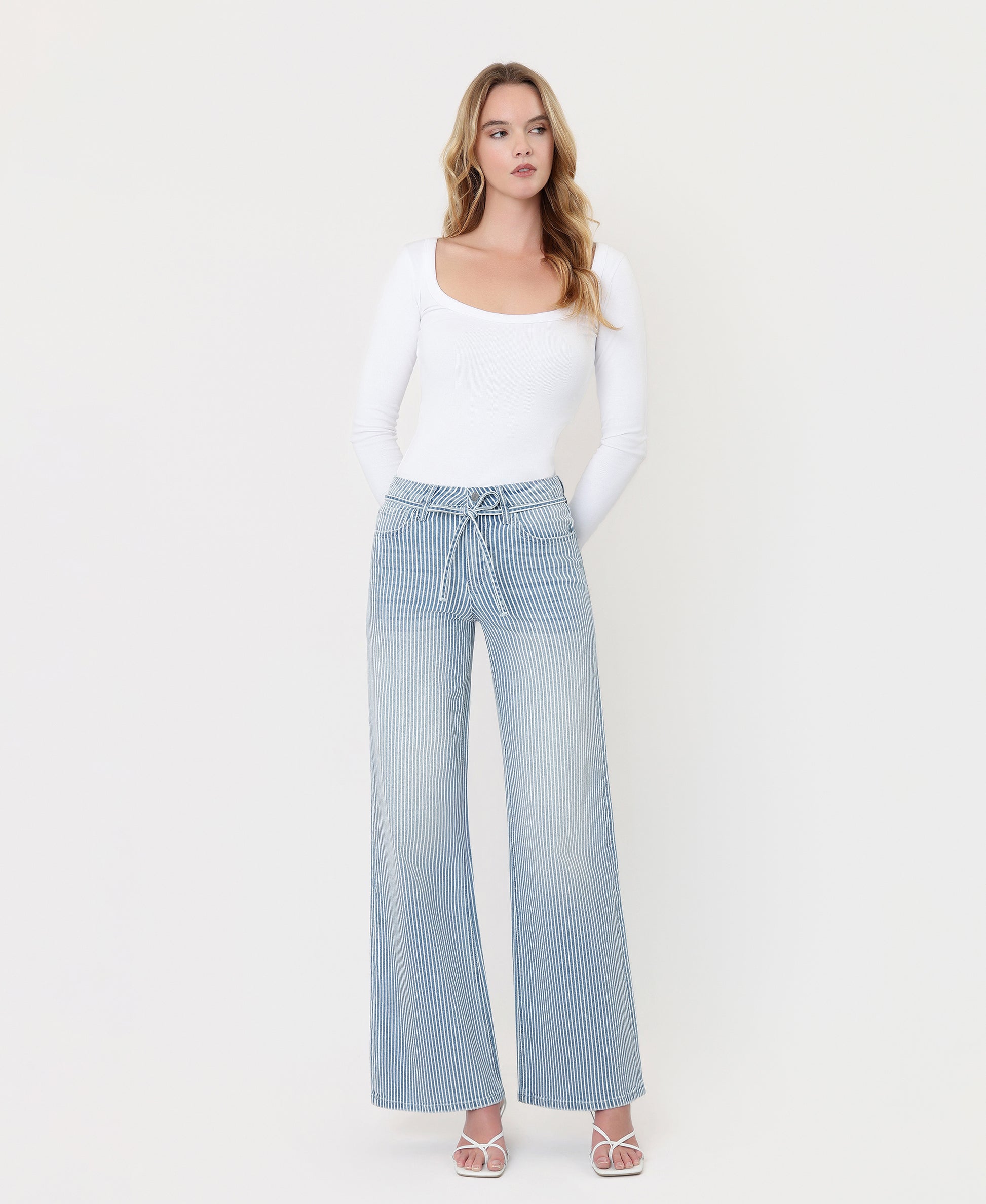 Front product images of Stripe - High Rise Waist Tie Full Length Wide Leg Jeans