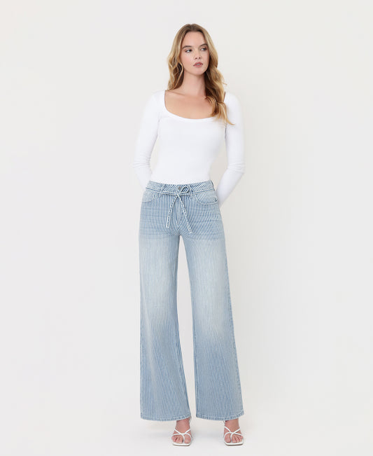 Front product images of Stripe - High Rise Waist Tie Full Length Wide Leg Jeans