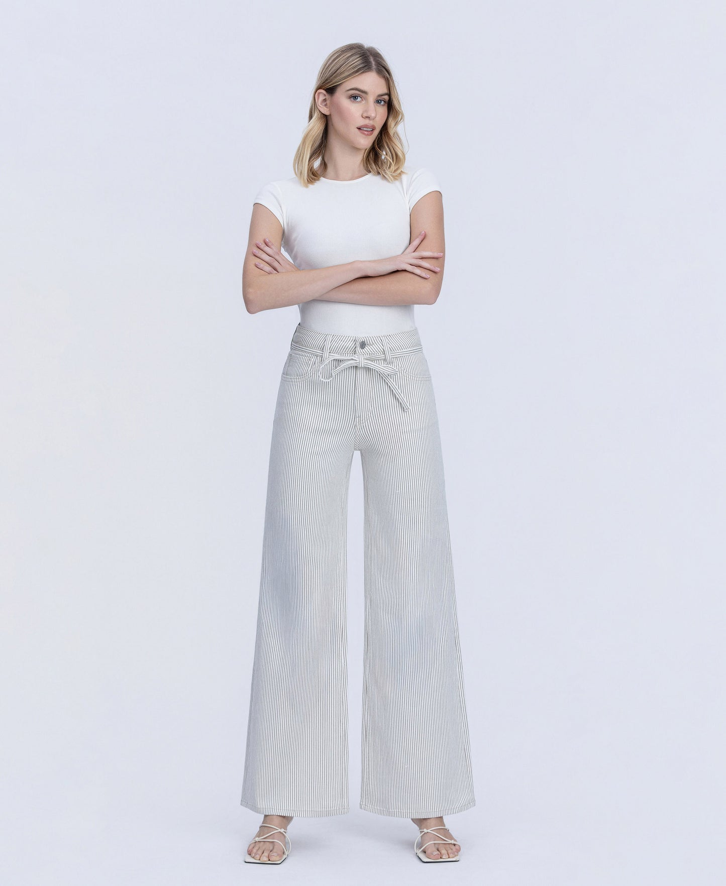 Front product images of Stripe - High Rise Waist Tie Extreme Wide Leg Jeans
