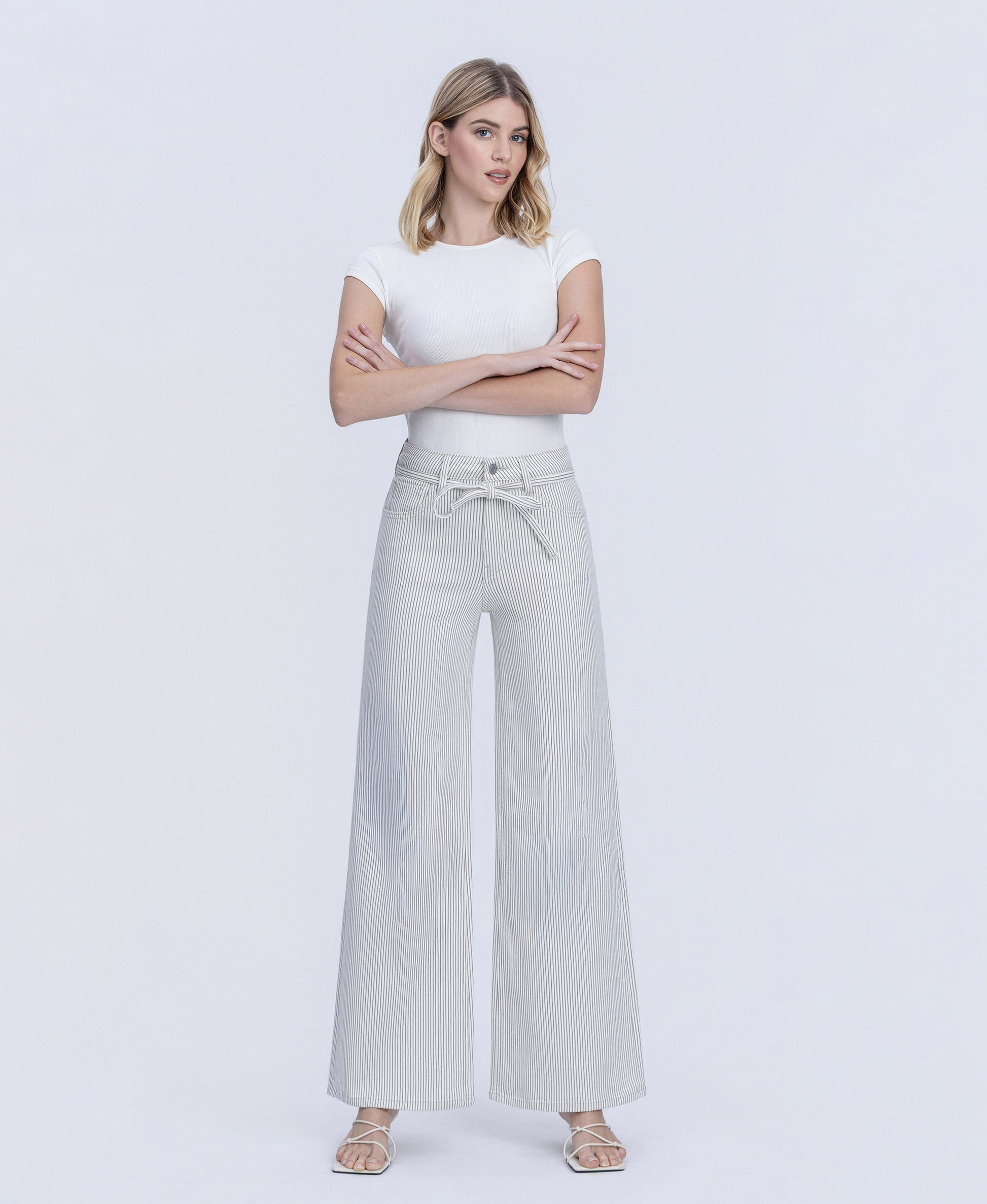 Front product images of Stripe - High Rise Waist Tie Extreme Wide Leg Jeans
