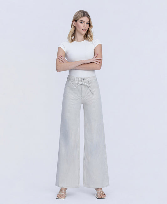 Front product images of Stripe - High Rise Waist Tie Extreme Wide Leg Jeans
